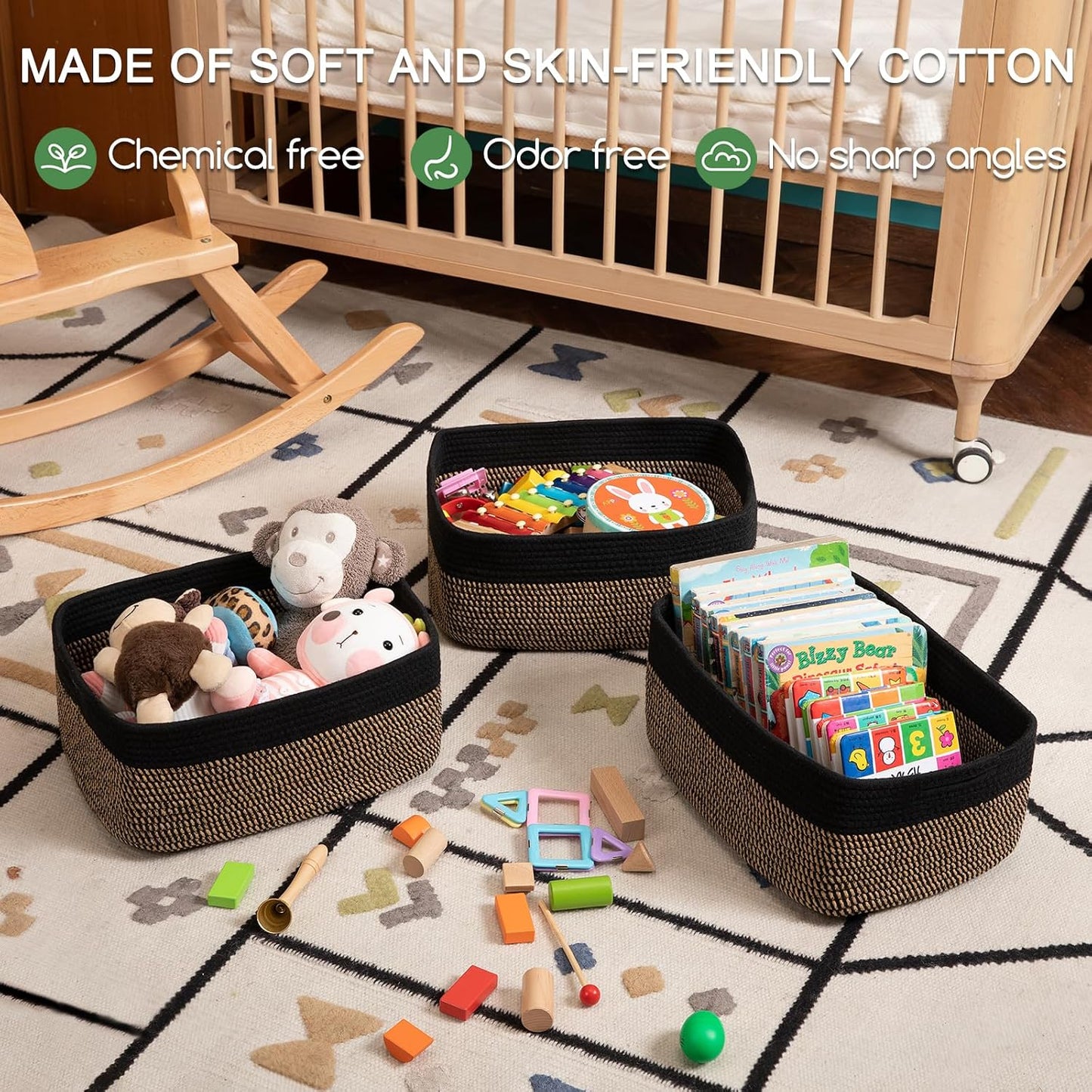 OIASKET Storage Baskets for Organizing 3 Pack, Woven Baskets for Shelves, | Closet Organizer Bins with Handle, Empty Gift Basket, Toy Storage for Toys, Blankets, Towels, Clothes, Books, 15"x11.42"x6.7"