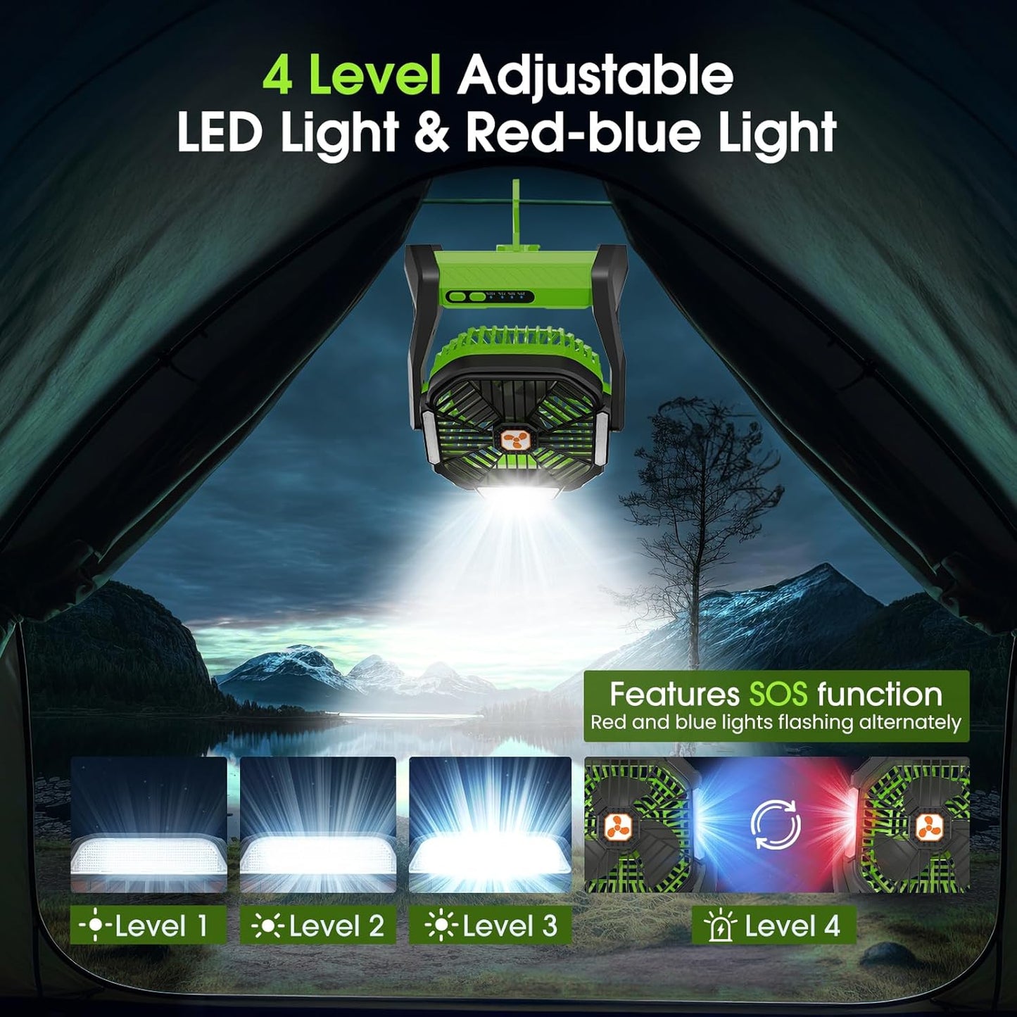 Portable Rechargeable Fan, 20000mAh Cordless Battery Powered Camping Tent Fans with SOS & LED Lantern, Small USB C Operated Outdoor Ventilador for Travel Camp Fishing Bedroom Power Outage Emergency