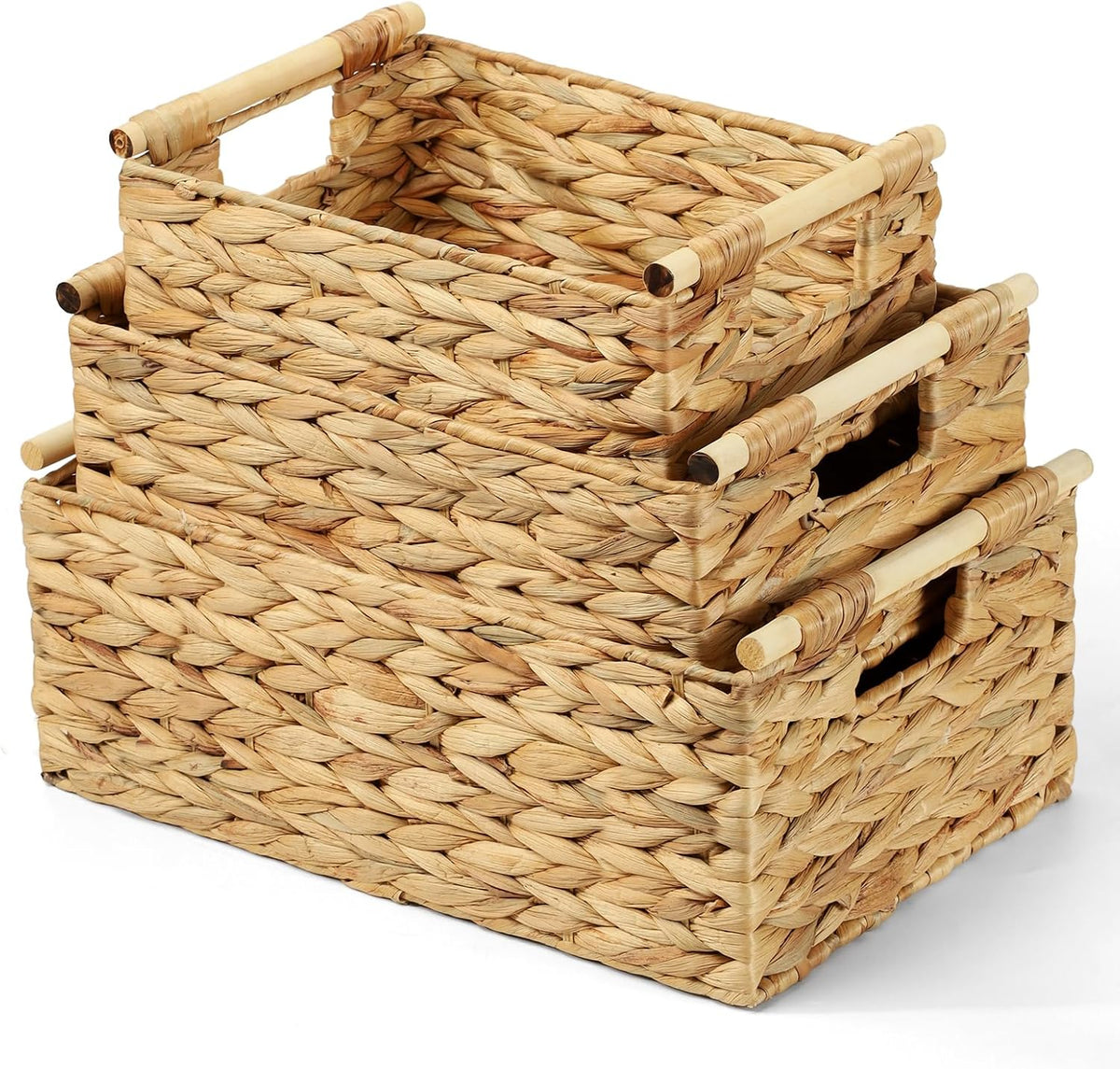 Wicker Storage Baskets for Organizing 3 Pack,Natural Water Hyacinth Ratten Baskets with Wooden Handles, Decorative Handwoven Storage Baskets for Shelves, Bathroom, Pantry or Kitchen