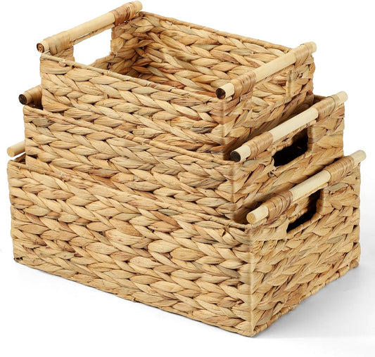 Wicker Storage Baskets for Organizing 3 Pack,Natural Water Hyacinth Ratten Baskets with Wooden Handles, Decorative Handwoven Storage Baskets for Shelves, Bathroom, Pantry or Kitchen