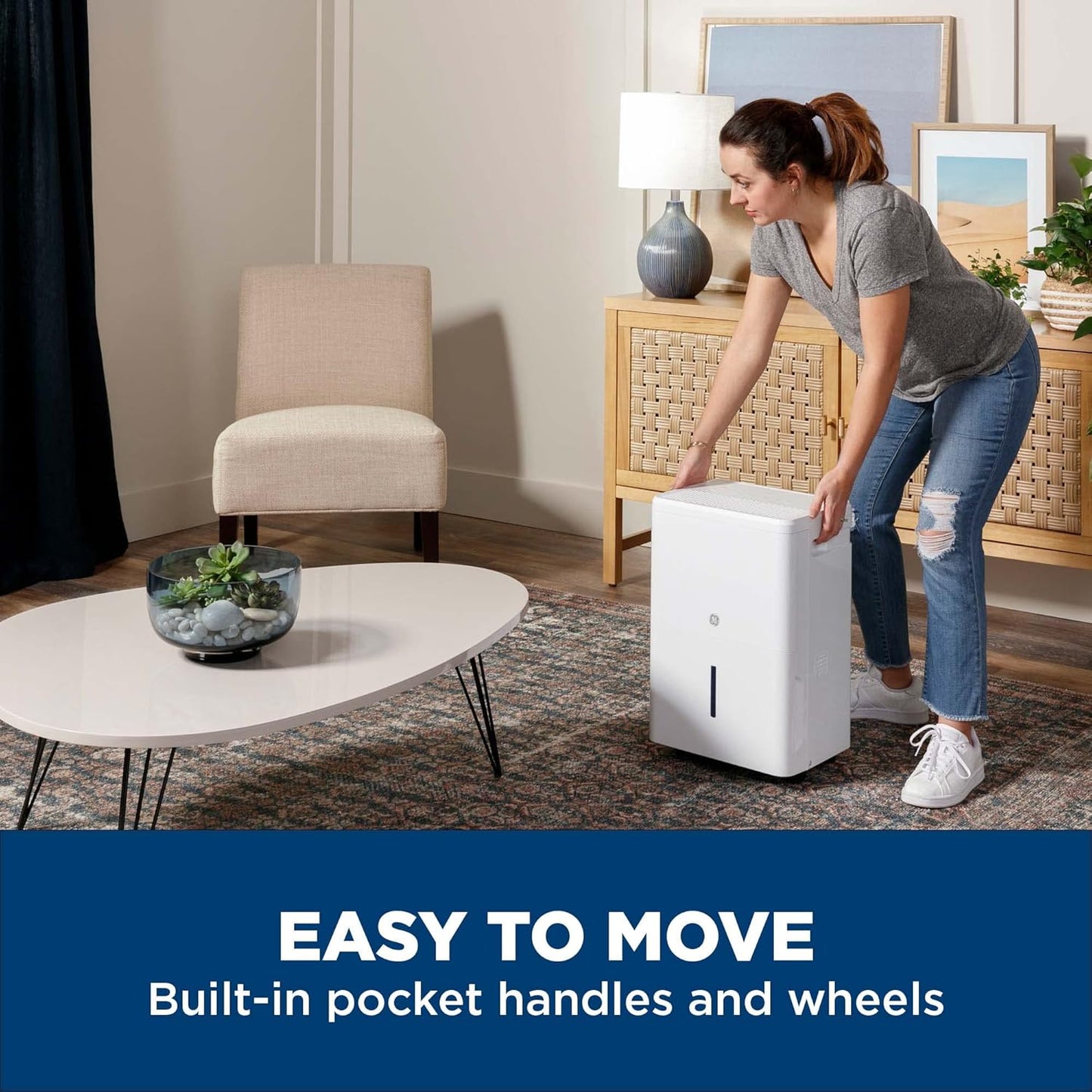 GE Portable Dehumidifier 25 Pint, Perfect for Bedroom, Basement & Garage or Rooms up to 1500 Sq Ft, Ideal for High Humidity Areas, Complete with Empty Bucket Alarm & Clean Filter Alert
