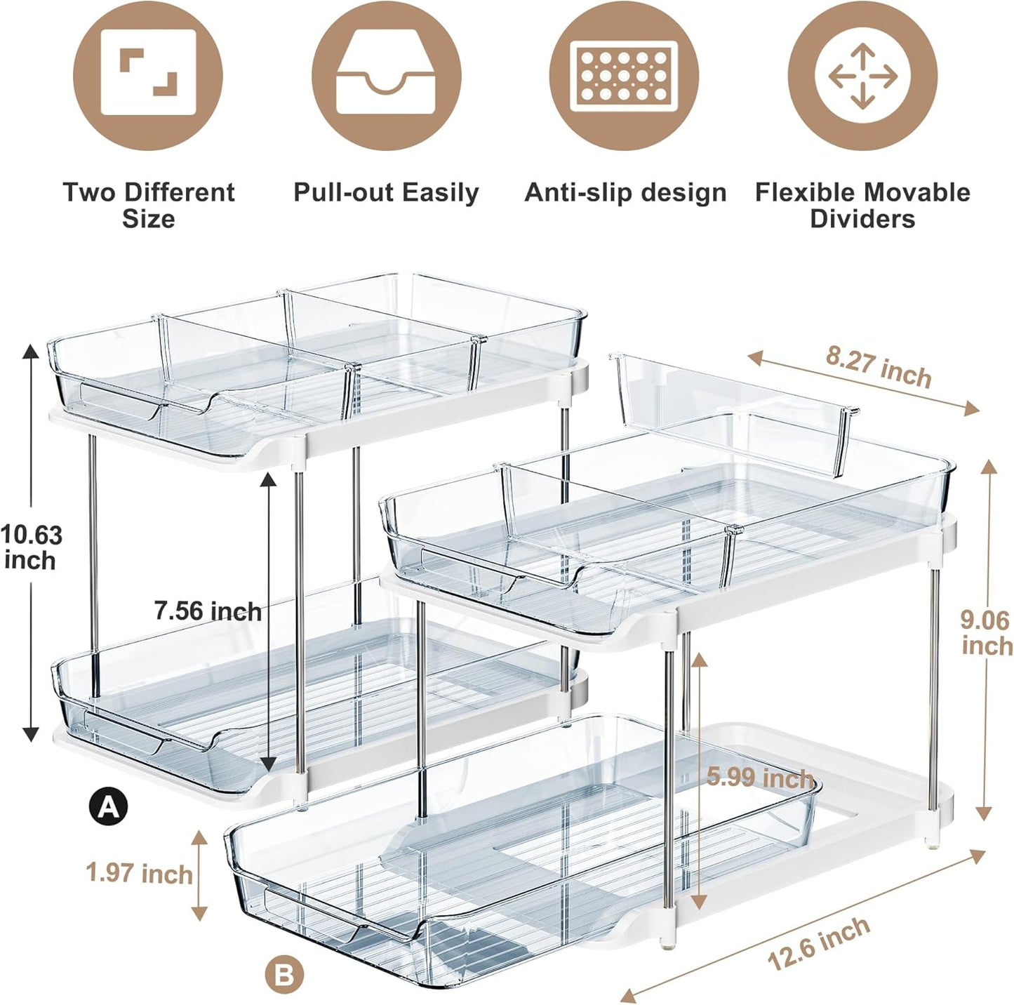 Delamu 2-Tier Multi-Purpose Bathroom Under Sink Organizers and Storage, Stackable Kitchen Pantry Organization, Pull Out Medicine Cabinet Organizer with Movable Dividers, Blue, 2 Pack