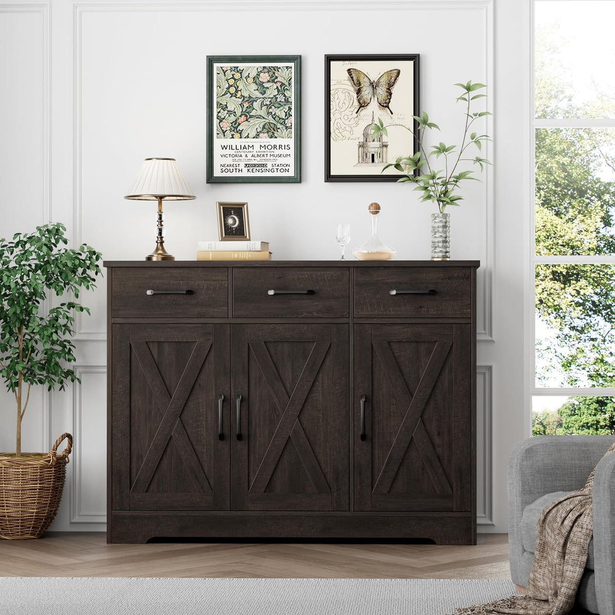 HOSTACK Kitchen Buffet Cabinet with Storage, Sideboard Coffee Bar, Brown | Farmhouse Kitchen Storage Cabinet with 3 Drawers & Adjustable Shelf & Doors, 42.5"W Buffet Table for Dining Living Room
