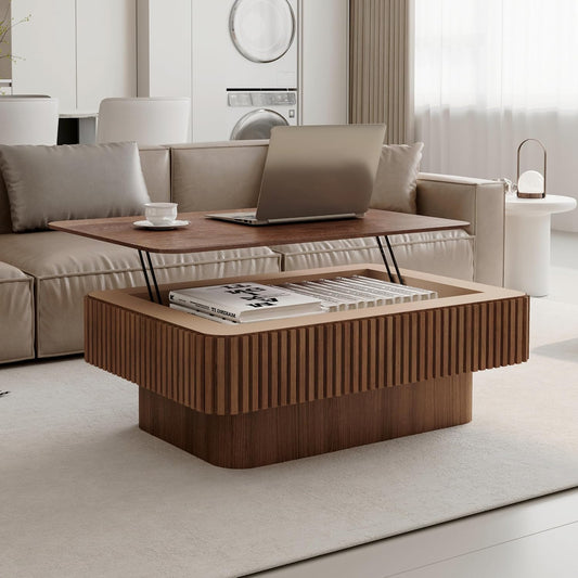38.6'' Lift Top Coffee Table with Hidden Compartment, Modern Rectangular Fluted Wooden Center Table Cocktail Tea Table with Storage and Adjustable Height for Living Room Apartment, Walnut
