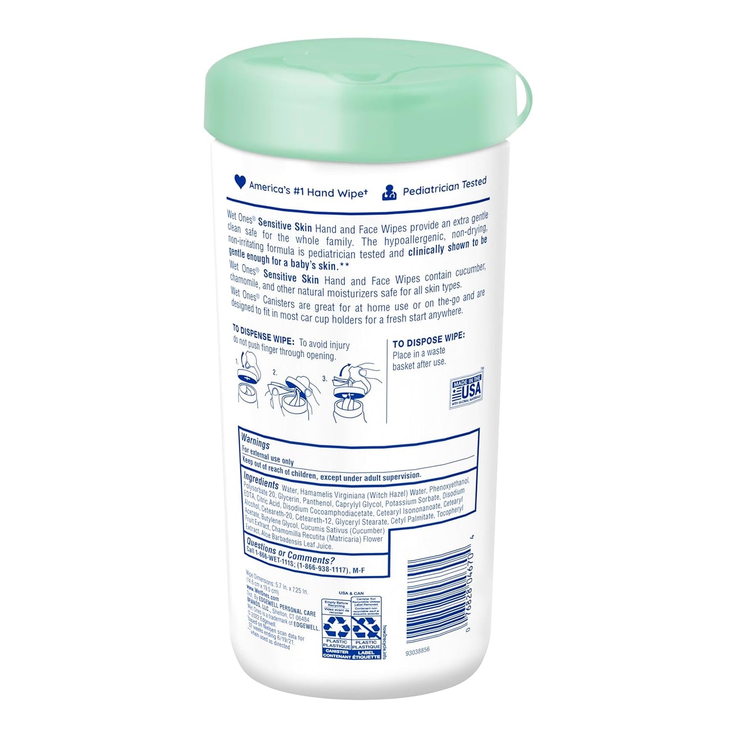 Wet Ones Hand and Face Wipes, Sensitive Skin, Unscented, Hand and Face, 40ct Canister (6 pack)