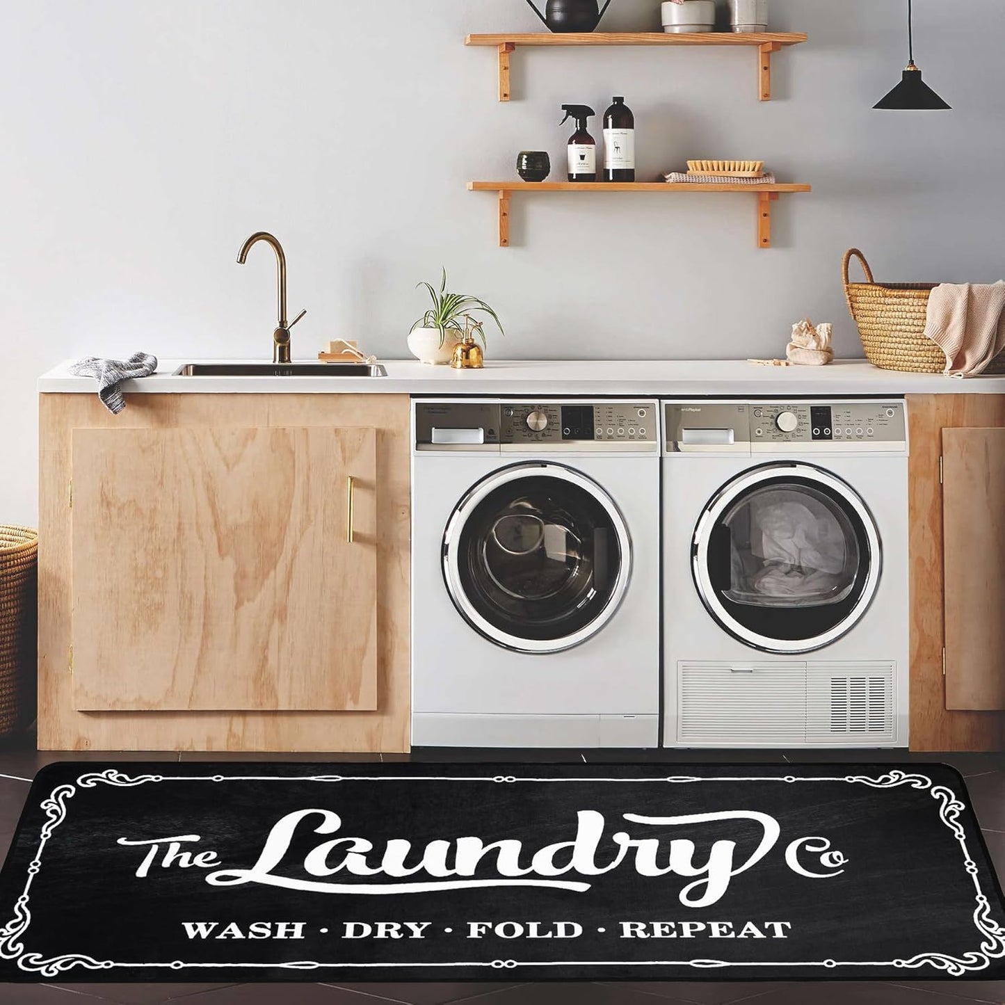 Laundry Room Rug Runner 20"X49" TPR Non Slip Farmhouse Laundry Rugs for Laundry Room Decor Washable Runner Rugs for Kitchen Floor Mudroom and Bathroom-Black