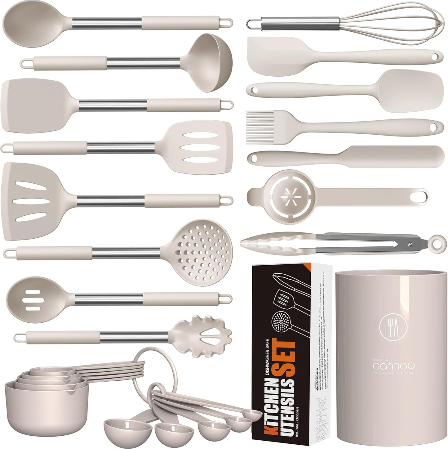 oannao Large Silicone Cooking Utensils Set - Heat Resistant Kitchen Utensils,Turner Tongs,Spatula,Spoon,Brush,Whisk,Stainless Steel Cooking Tool for Nonstick Cookware,Dishwasher Safe (Khaki)