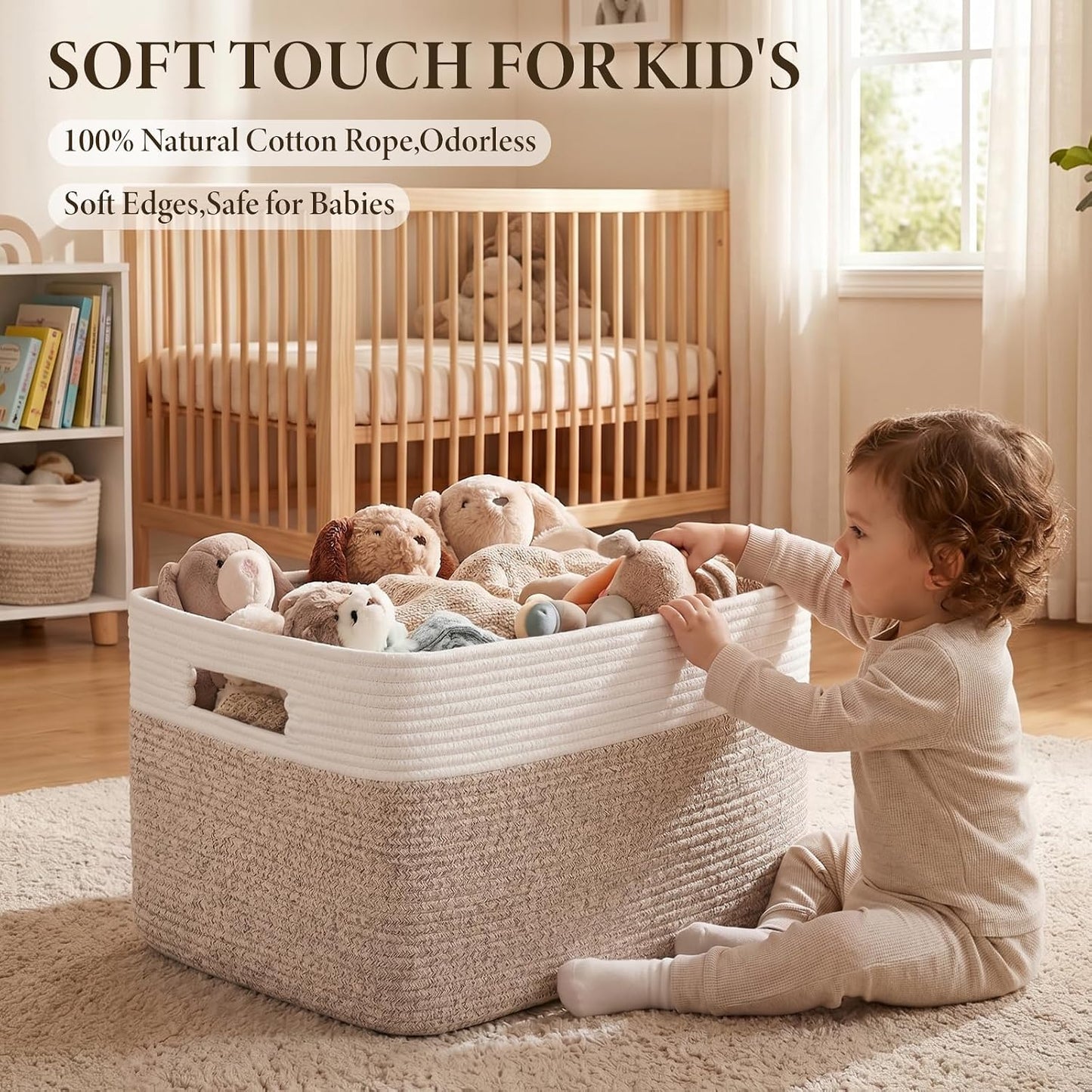75L Large Cotton Rope Basket, Soft Toy Storage Bin for Nursery & Living Room, Decorative Blanket Basket for Bedroom, Baby-Safe Organizer for Pillows &Laundry, 22''×17''×12'', Brown and White