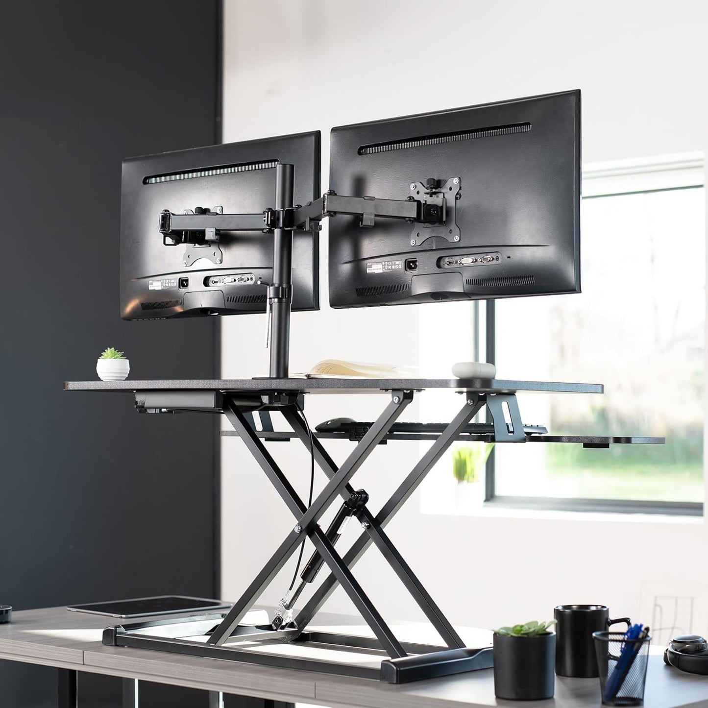 VIVO Height Adjustable 42 inch Standing Desk Converter with Dual 13 to 30 inch Monitor Stand, Sit Stand Monitor Mount and Desk Riser, Black, DESK-V042KB-M2