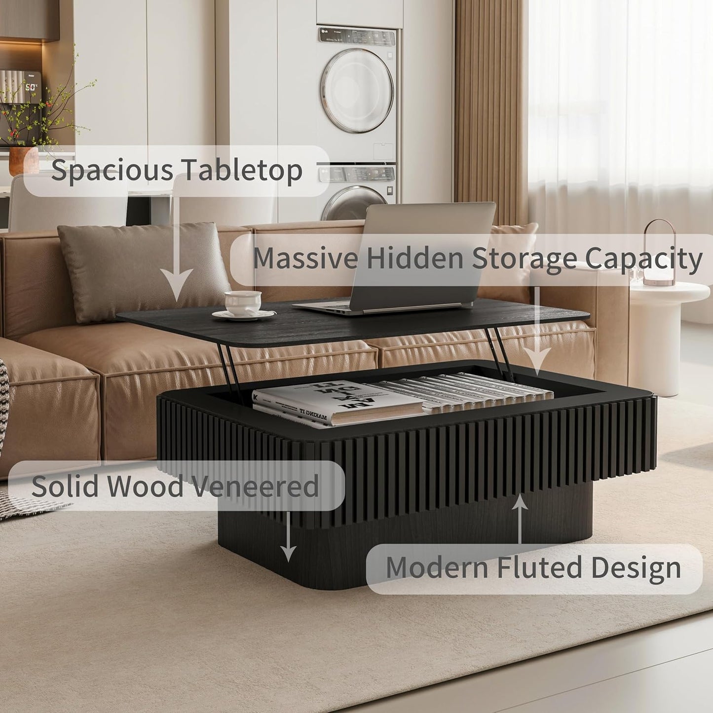 38.6'' Lift Top Coffee Table with Hidden Compartment, Modern Rectangular Fluted Wooden Center Table Cocktail Tea Table with Storage and Adjustable Height for Living Room Apartment, Black