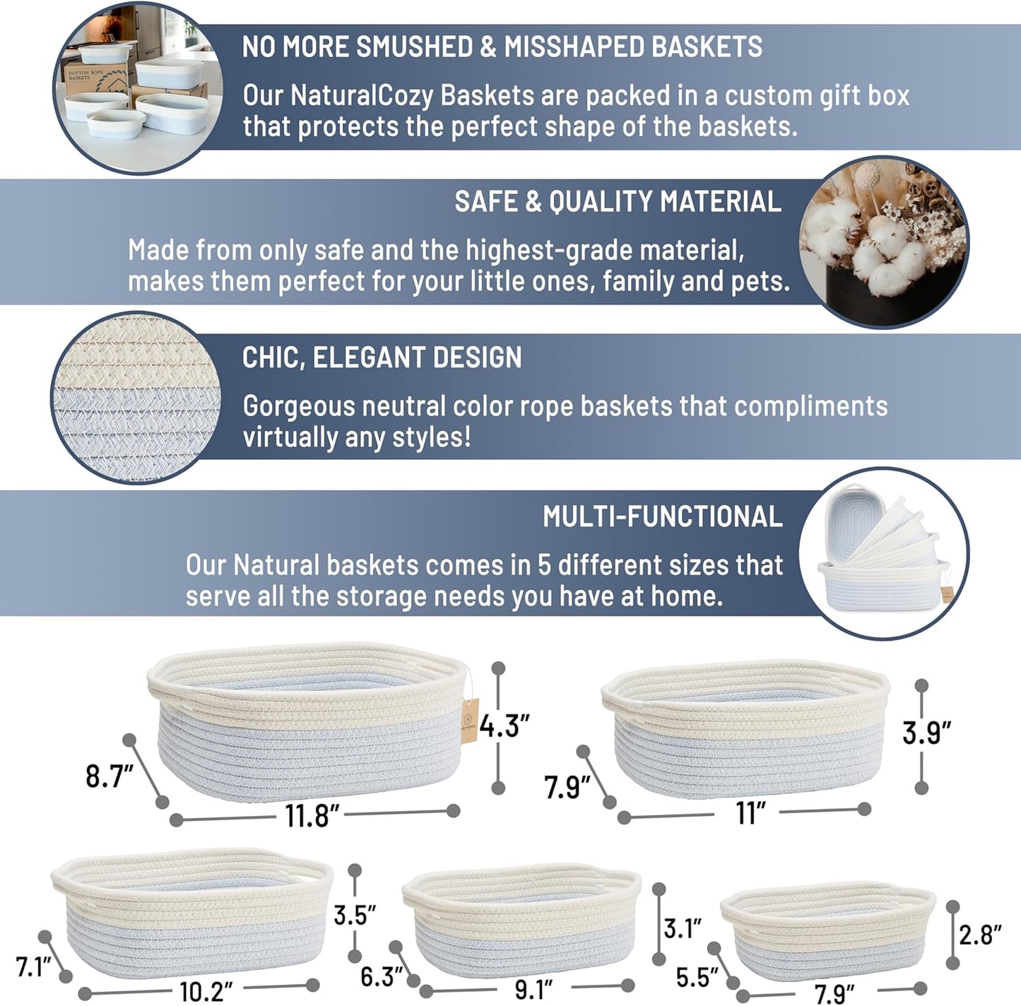 NaturalCozy 5-Piece Rectangle Storage Basket Set- Natural Cotton Rope Woven Baskets for Organizing! Small Basket for Montessori, Baby Nursery, Dog Toy Baskets, Cat Toy Box, Bathroom Organization Bin