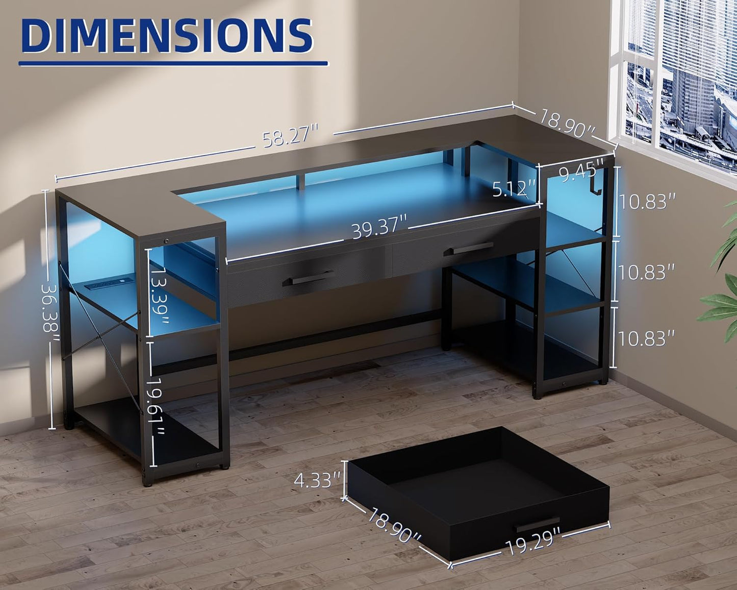 Pamray 58 Inch Computer Desk with Monitor Stand and Shelves Gaming Desk with LED Lights & Power Outlets PC Vanity Table with 2 Drawers for Home Office Vintage