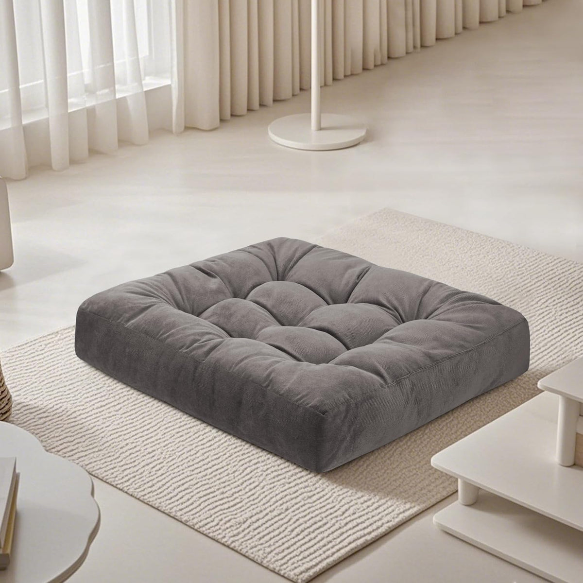 Meditation Floor Pillow 22×22 Inch 1 Pack Large Floor Cushions for Adults Square Tufted Corduroy Floor Pillows for Yoga Living Tatami Room Grey