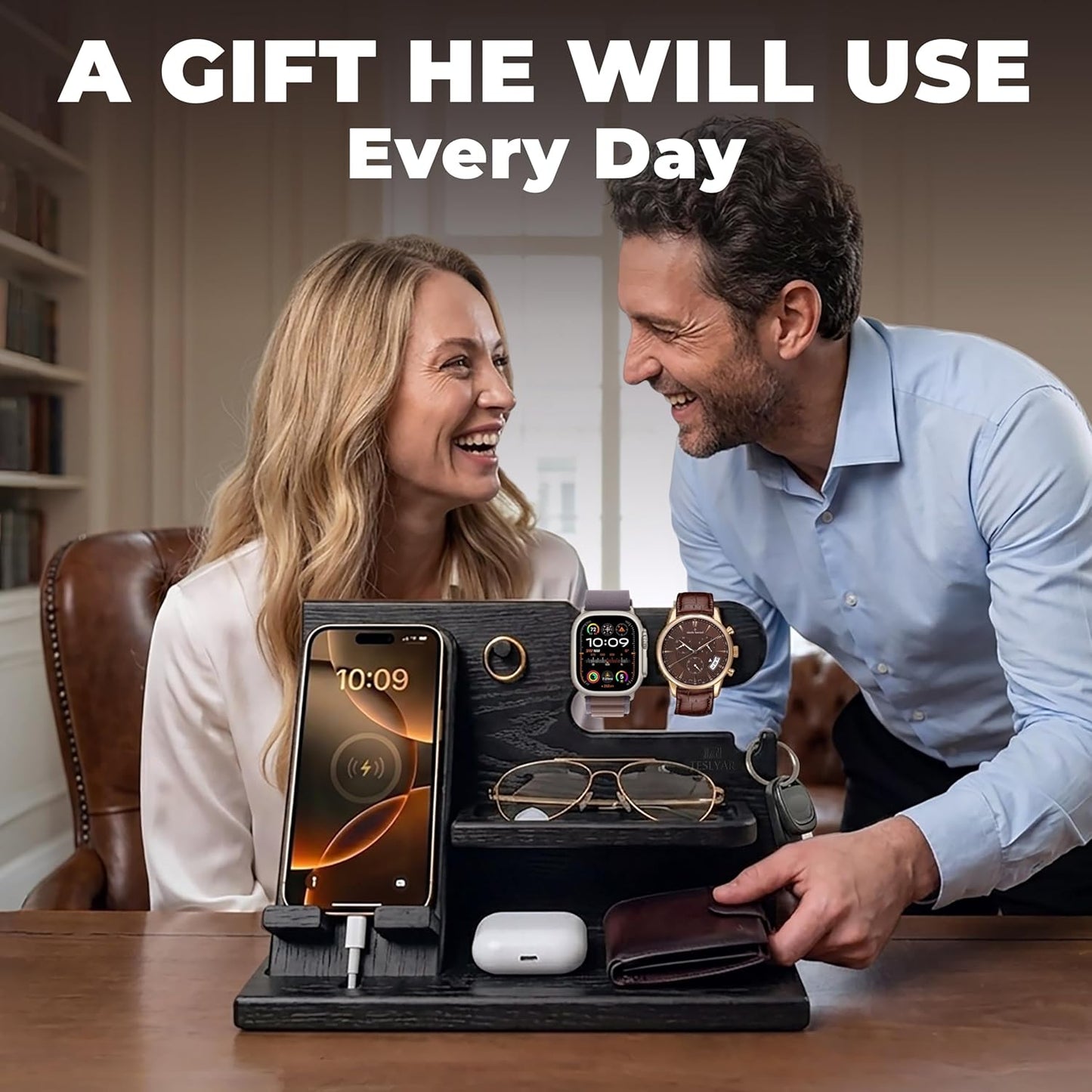 TESLYAR Wood Phone Docking Station for Men - Desk or Nightstand Organizer - Birthday Gifts for Husband, Dad - Anniversary Idea from Wife - Key Holder, Stand Wallet, Watch & Essentials (Granite Black)