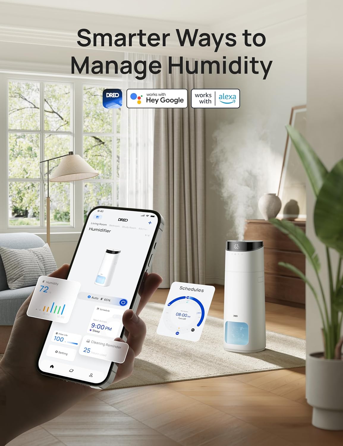 DREO 16L Smart Humidifier Large Room 1000 ft², 130H Cool Mist Air Humidifiers for Bedroom Plants Baby, Top Fill, Remote/Touch/Voice & APP Control, Clean Tank Technology, 30dB, RGB Light, HM755S White
