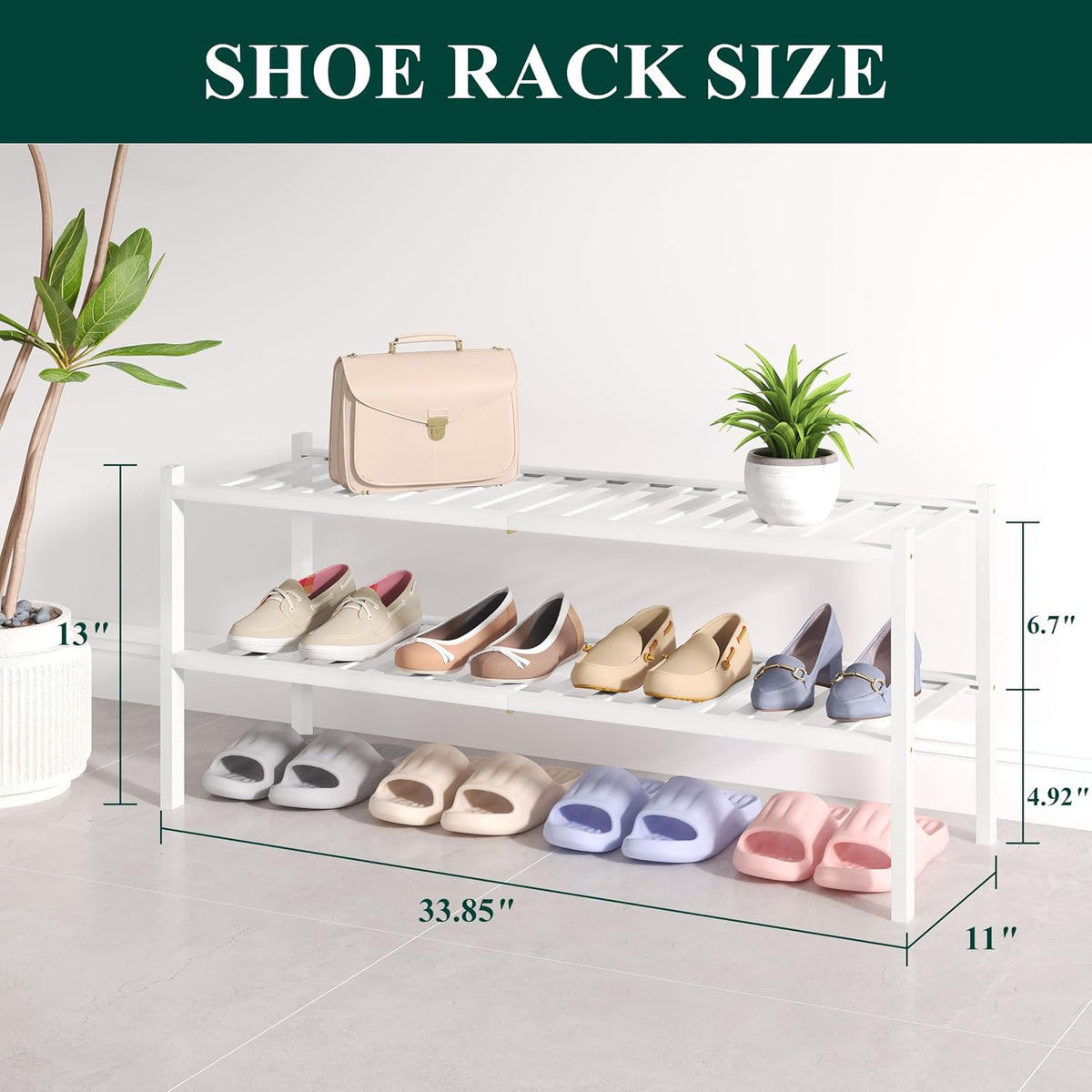 Smiry Bamboo Shoe Rack for Closet, 2 Tier - 33.86" Wide, White