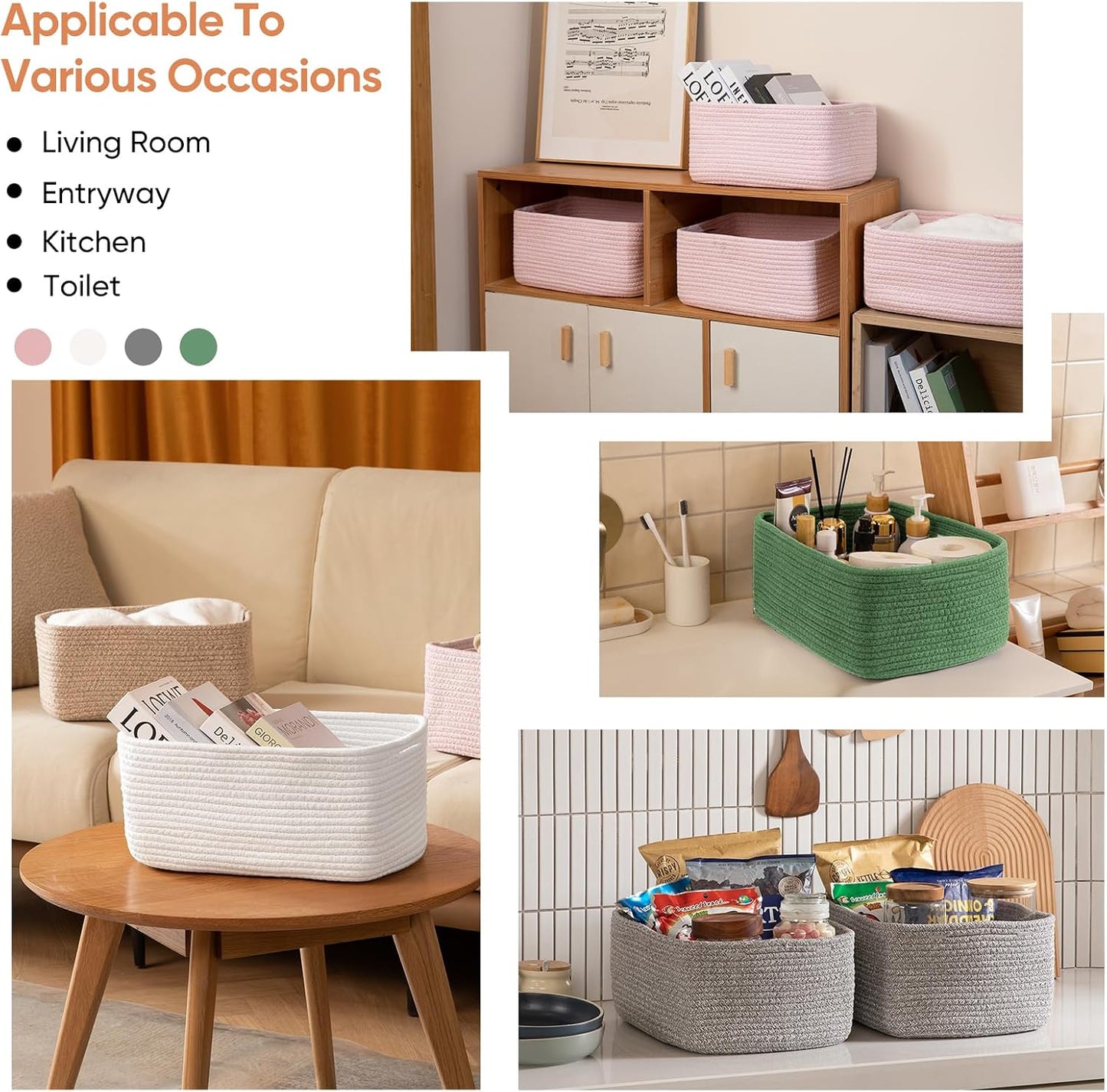 OIAHOMY 4 Pack 14.17 * 11.02 * 6.3IN Storage Baskets for Organizing Shelves, Woven Rope Baskets for Organizing Books, Clothes, Decorative Basket for Living Room, Nursery, Bedroom, Gift Basket, Green