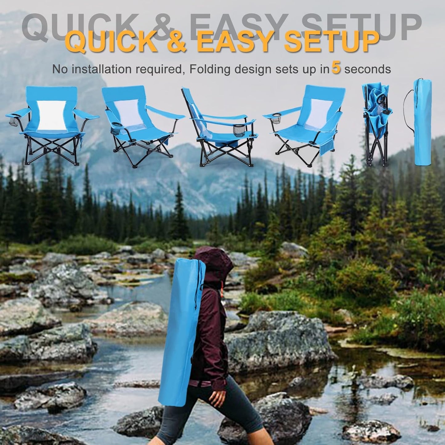 Joyfair Beach Camping Chair (2 Pack), Outdoor Folding Chair for Adults, Heavy Duty Portable Chair for Outside Fishing, Lawn, Sport, Patio, Armrest Cup Holder & Storage Pocket, Carry Bag (Blue)