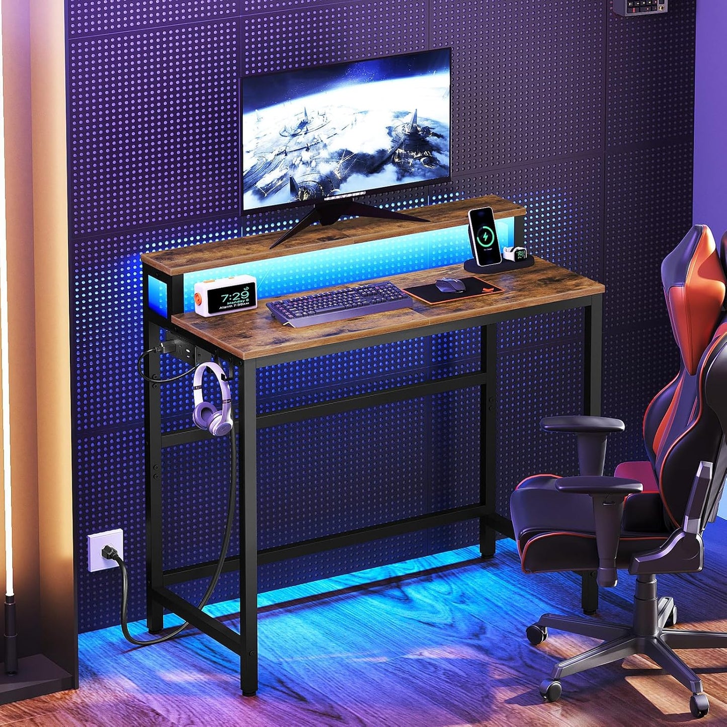 YATINEY Small Computer Desk with Charging Station and LED Lights, Gaming Desk with Monitor Stand, 2-Tier Home Office Desk with 4 Side Hooks, for Living Room, Home Office, Rustic Brown DN01UDBRY2