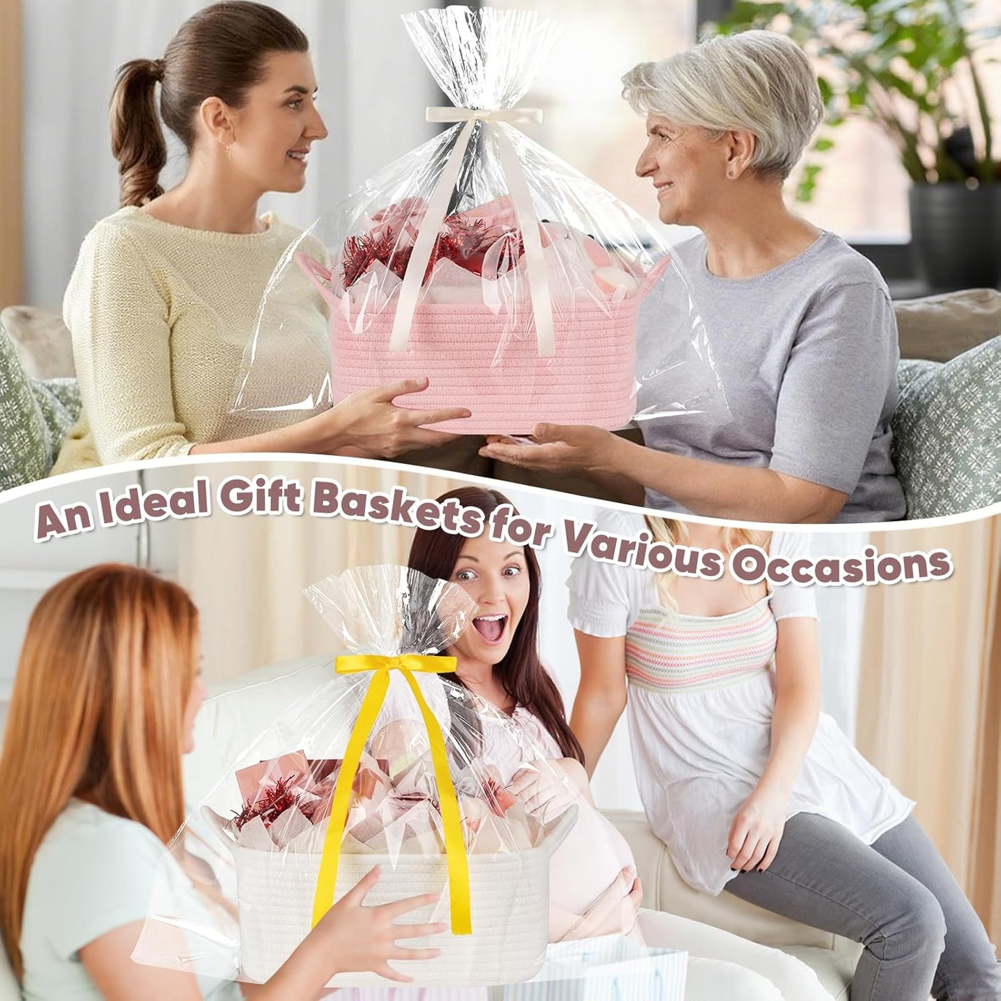OIASKET Gift Basket Empty with Handle, Small Woven Baskets for Gifts Empty | 13.6"x10"x5.9", Baby Shower Toy Storage Baskets, Dog Toy Storage for Organizing, with Gift Bag Ribbon Tissue Paper
