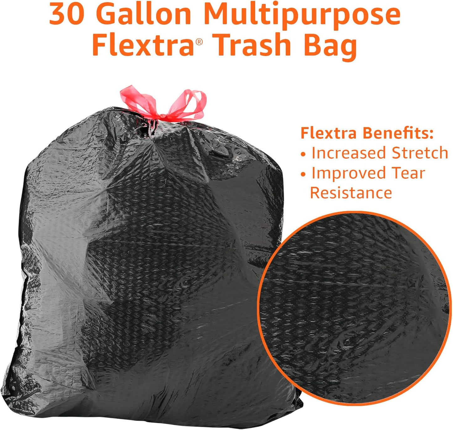 Amazon Basics 30 Gallon Flextra Strength Multipurpose Drawstring Trash Bags, 20% Post Consumer Recycled Material, Tear Resistant, Black, 50 Count