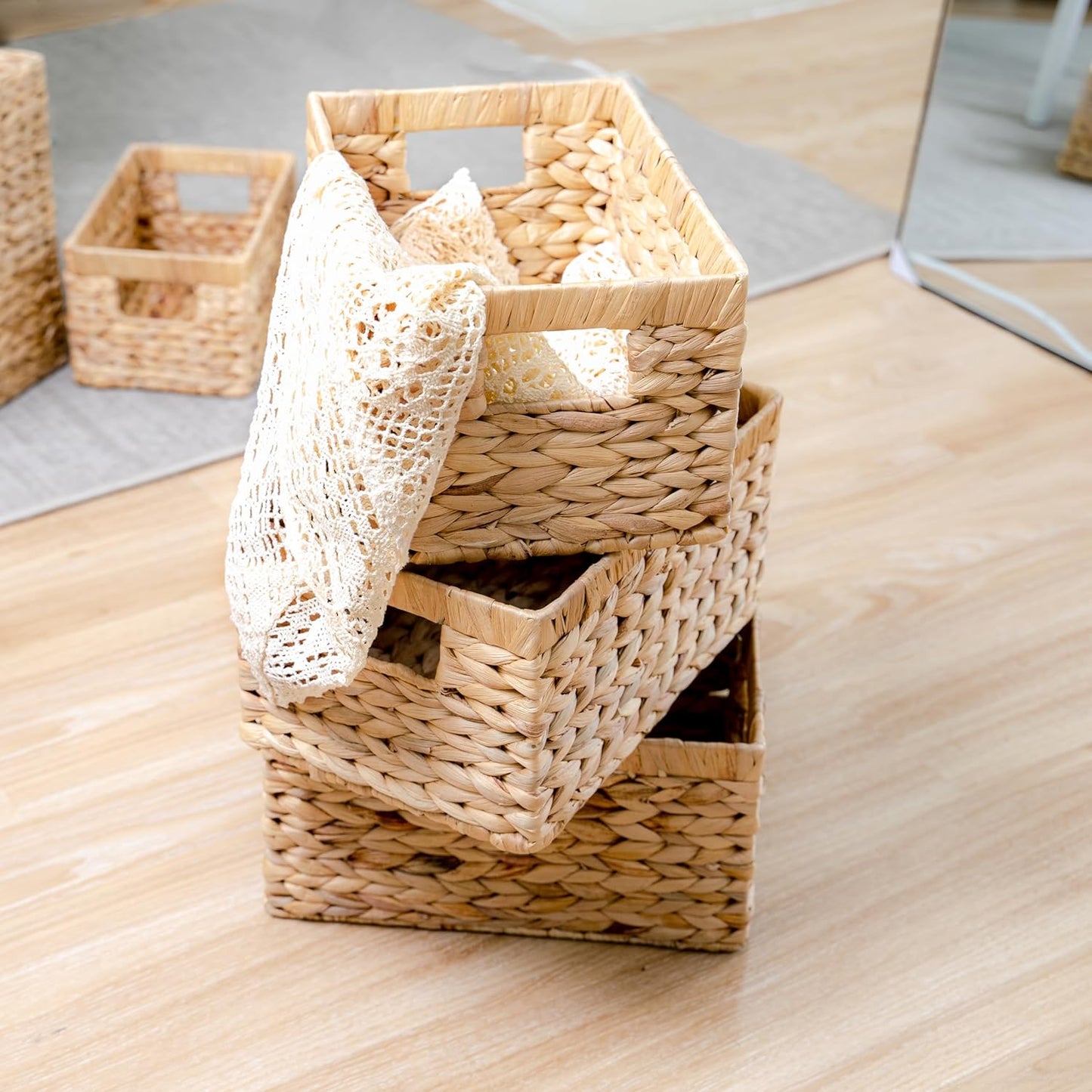 M4DECOR Set of 6 Rectangular Wicker Storage Baskets for Shelves
