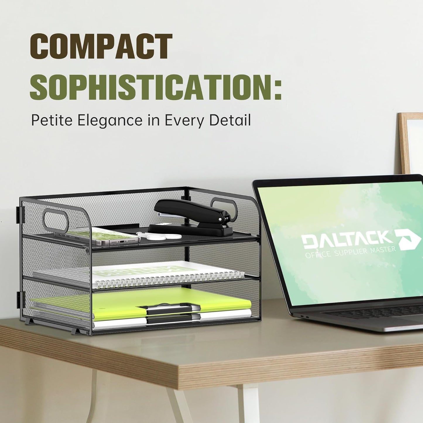 DALTACK 3 Tier Paper Organizer with Handle, Mesh Metal Desk Organizer with Sliding Paper Trays for Letter/A4 Paper, Mail, Bills & Folders, Black