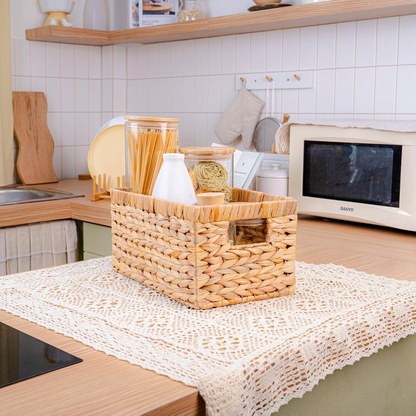 M4DECOR Set of 3 Rectangular Wicker Storage Baskets for Shelves | Water Hyacinth Storage Baskets, Pantry Baskets for Organizing, Handwoven Wicker Baskets for Storage