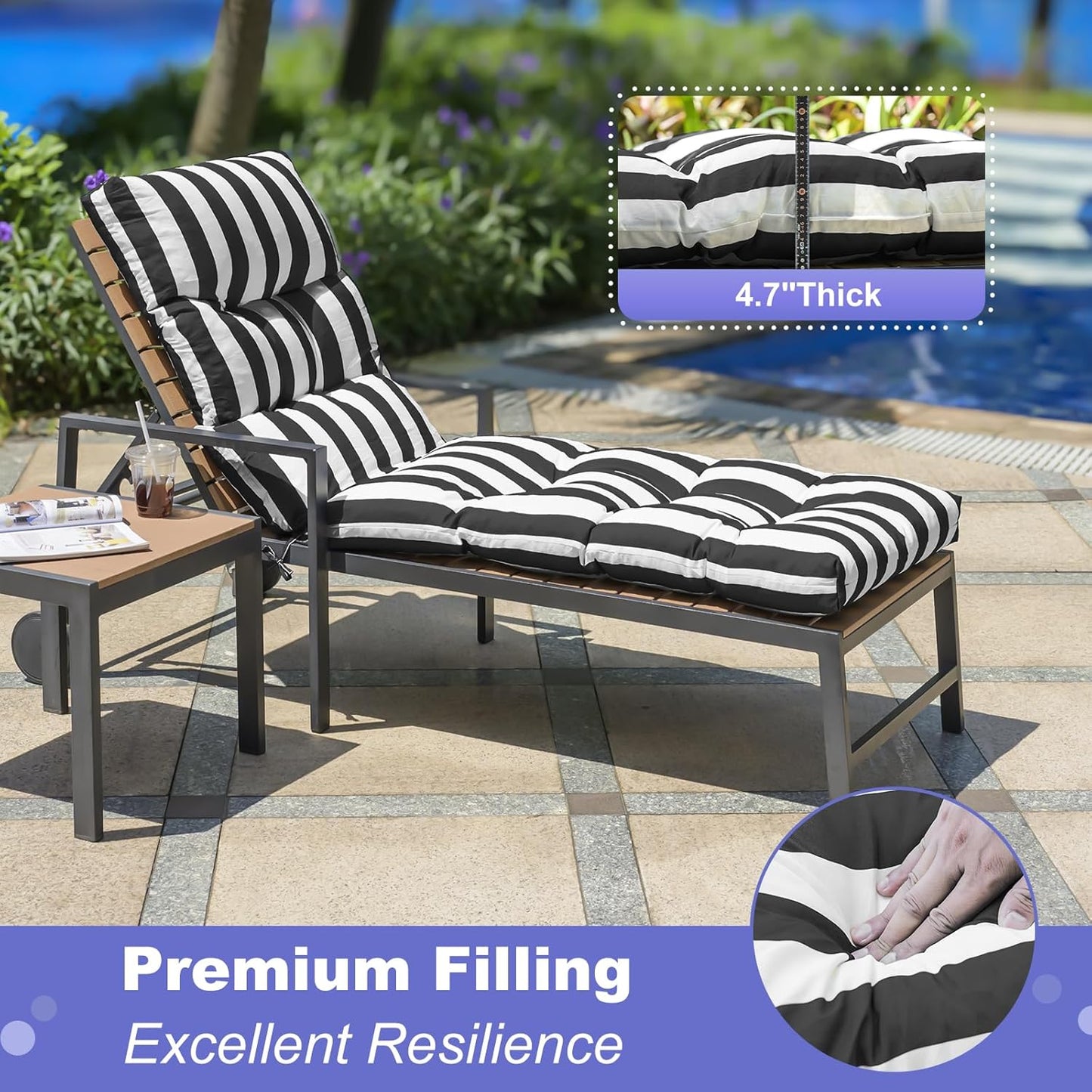 Outdoor Lounge Chair Cushions, 74.4 x 22 x 4.7 Inches Waterproof Fade Resistant Patio Cushion for Chaise Lounger