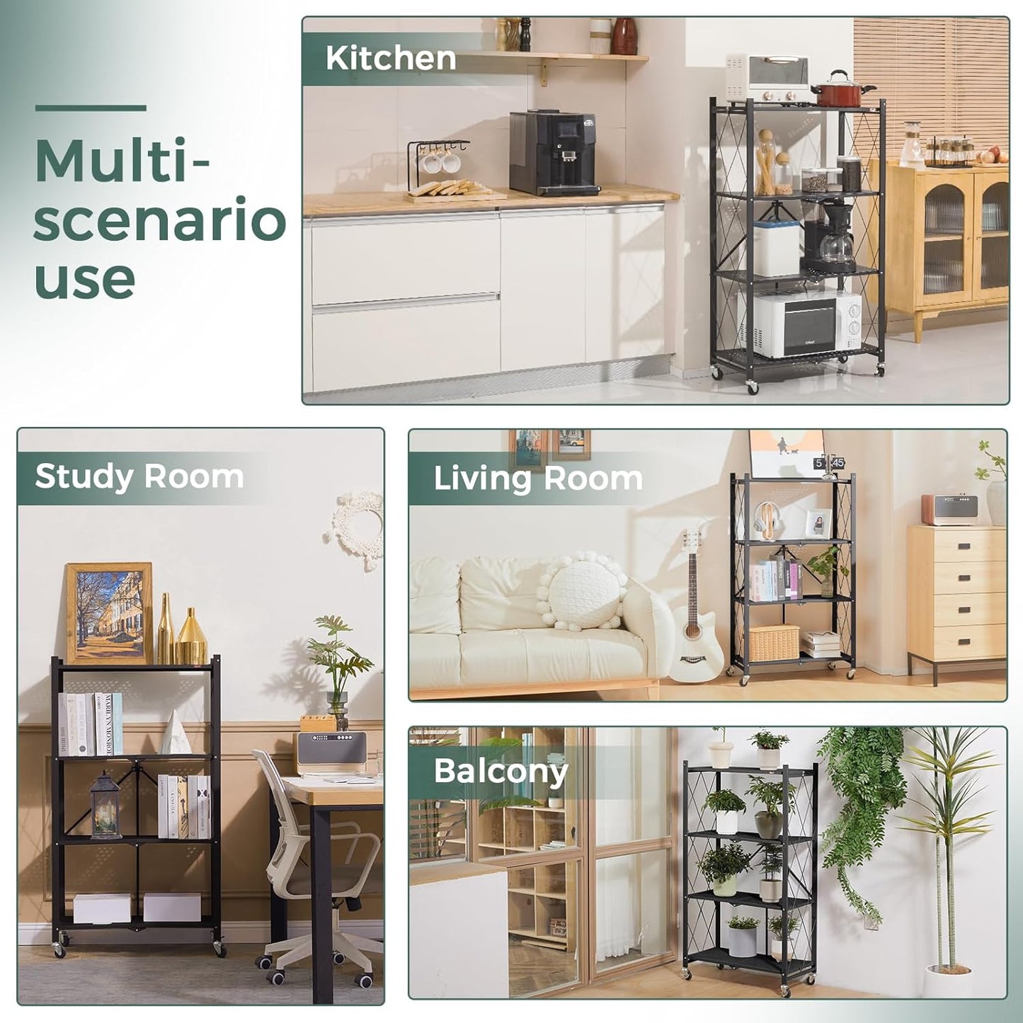 DEANIC 4 Tier Foldable Storage Shelves with Wheels, No Assembly Organizer Rack for Garage Kitchen, Basement, Pantry,Perfect for Craft Shows & Vendor Events(Black)