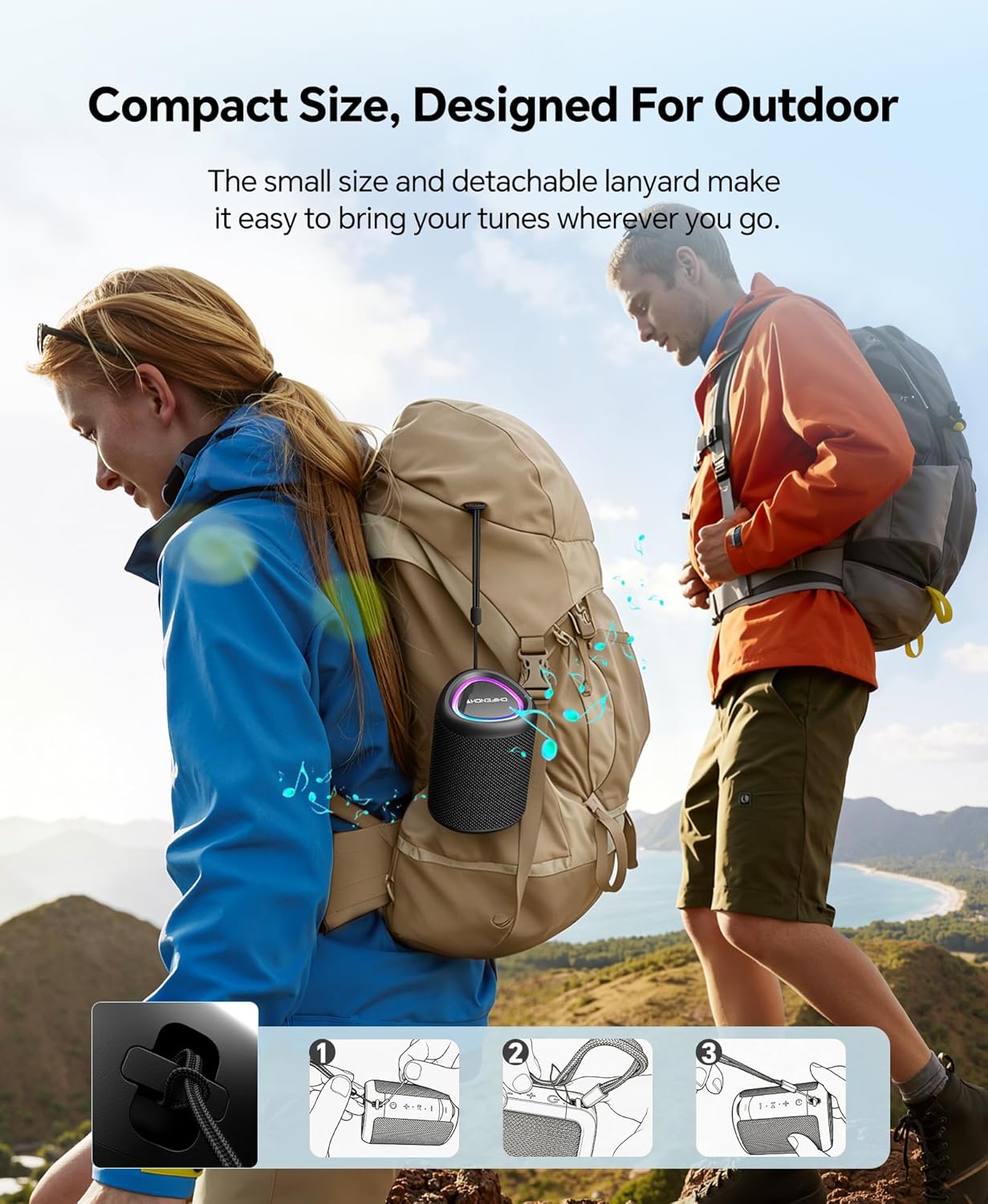 Portable Bluetooth Speaker Beach Essentials: Powerful Crystal Clear Sound/Dynamic Light/IPX5 Waterproof/All Day Playtime/Wireless BT 5.3/TWS Paring, Dad Gifts, Outdoor|Travel|Camping|Pool Accessories
