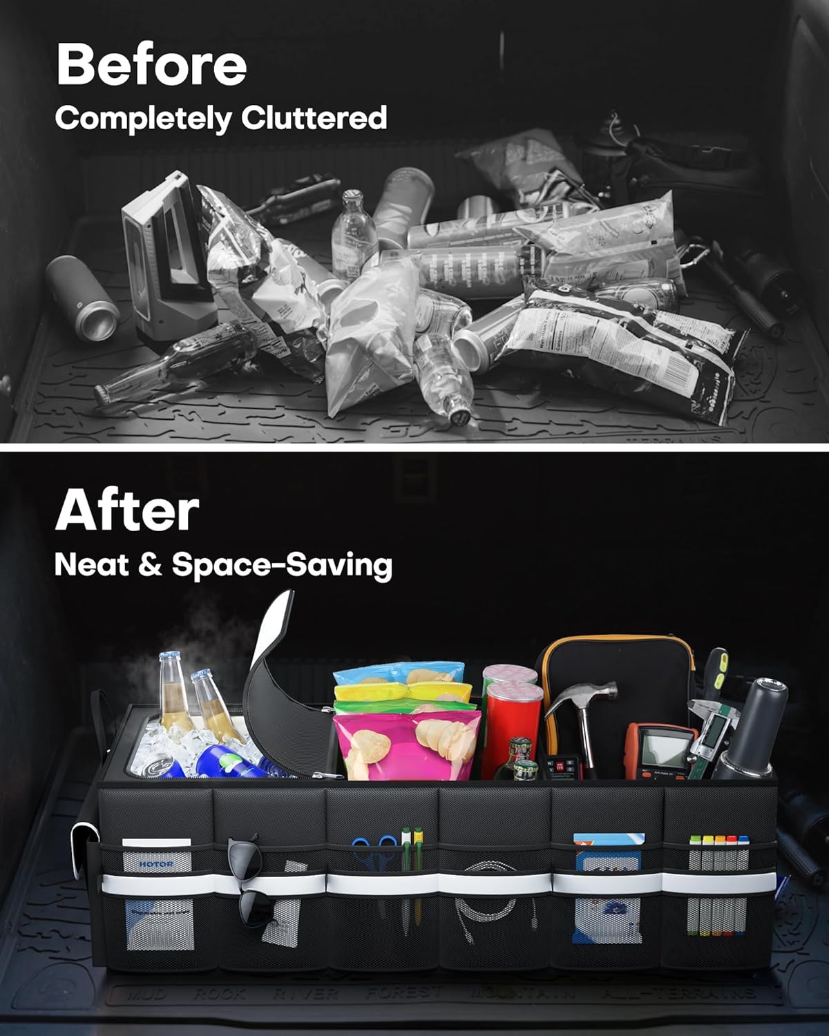 HOTOR Trunk Organizer - Car Organizer with Built-In Leakproof Car Cooler, Collapsible Trunk Organizer with Cooler for Car, SUV, Sedan, with Base Panel (3 Compartments, Black),31.9"×12.6"×10.6"
