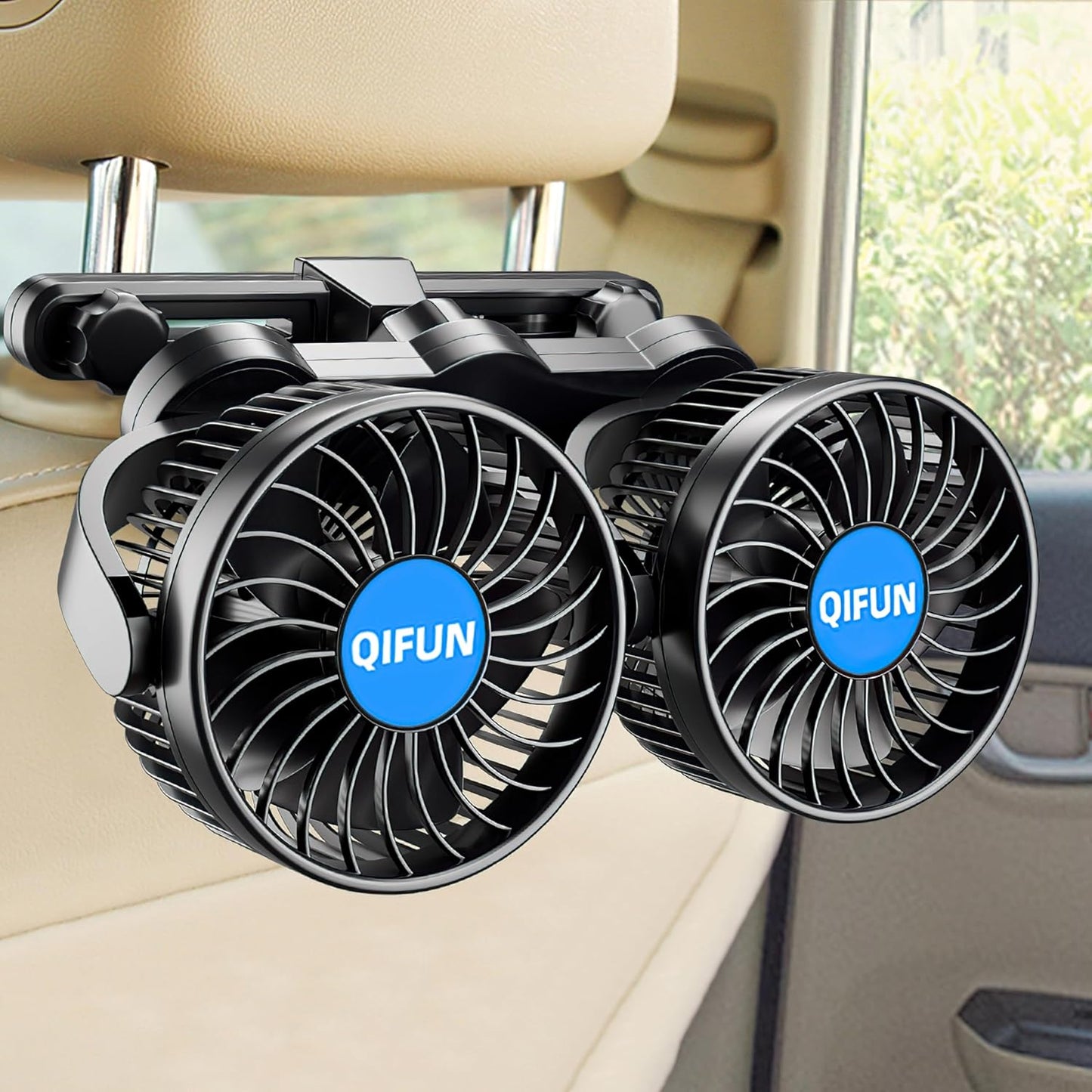 QIFUN Car Fan Adjustable Dual Head 12V 360° Rotatable 4 Inches Car Clip Fan for Front/Rear Seat Passenger Car Essentials Cooler with Stepless Speed Regulation for Vehicle SUV, RV
