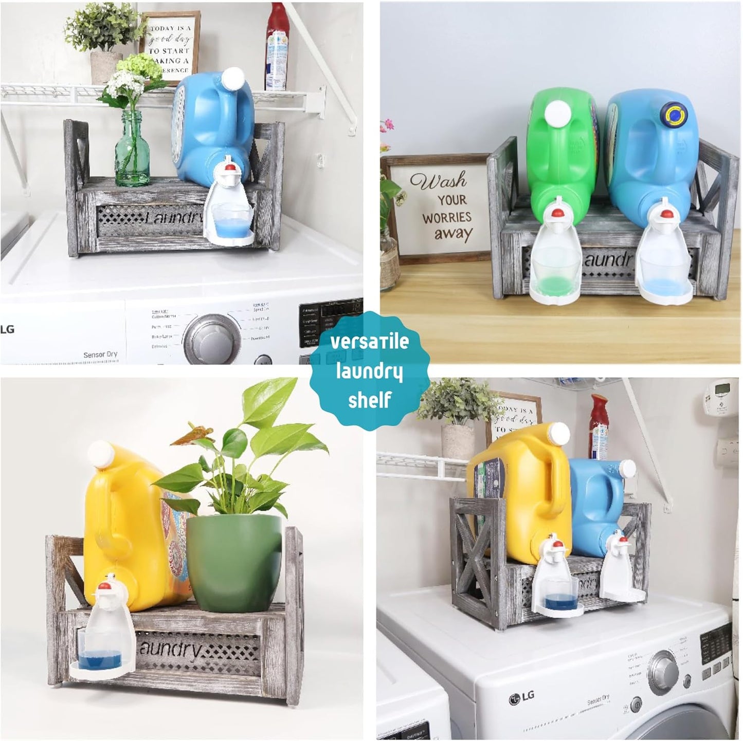 Laundry Detergent Holder, Farmhouse Wooden Laundry Station Dispenser Storage Space Holds Liquid Detergent Tub and Fabric Softener Tub, Rustic Grey