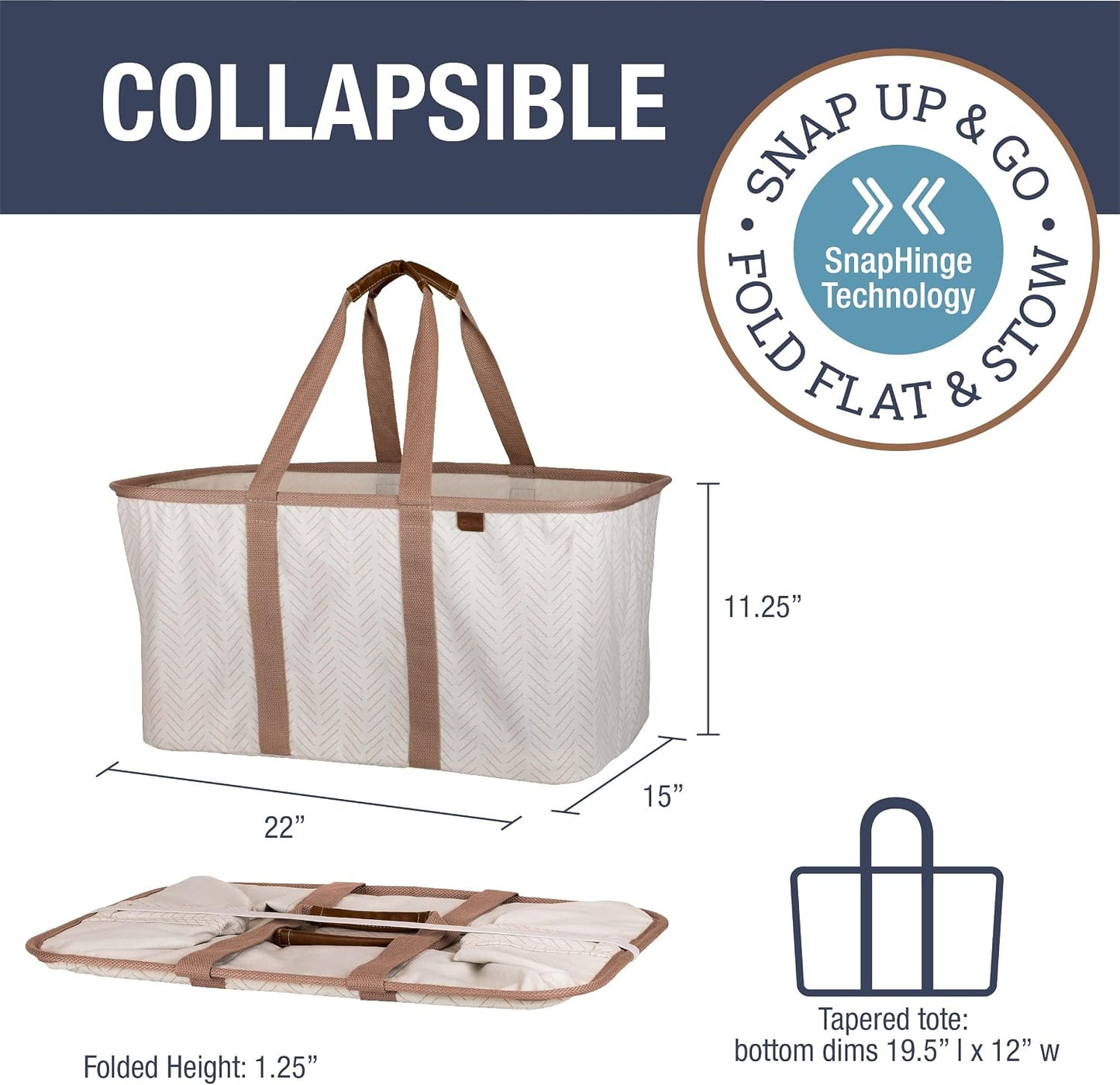 Collapsible Fabric Laundry Basket Tote Premium, Herringbone, 2 Pack | Bring a Polished Look to Laundry Day | Cotton-Blend Fabric and Vegan Leather Pair with Long Handles and 55 lb Support