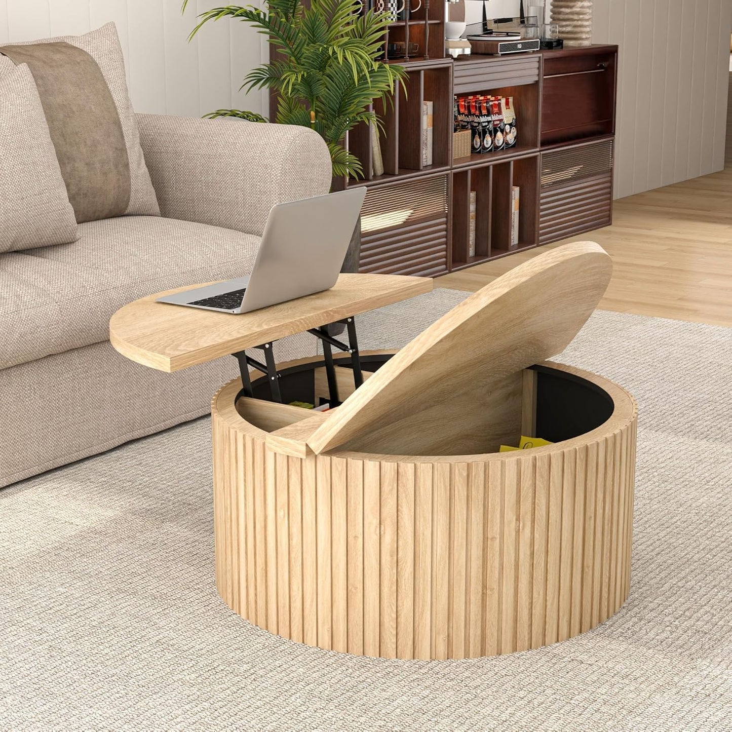 Fsbecl 34'' Round Fluted Lift Top Coffee Table with Hidden Storage, Oak | Wooden Center Table, Lift Top Coffee Table for Living Room, Home Decor