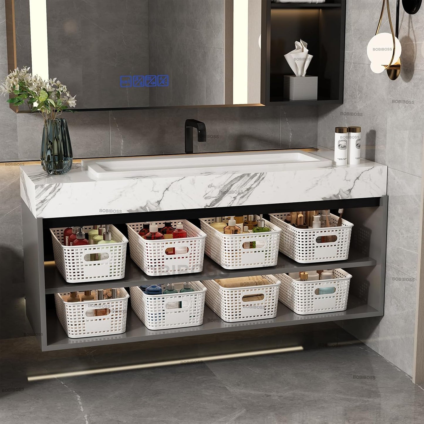 White Plastic Storage Baskets with Lids 12 Pack Stackable Storage Bins Containers for Shelves Organizing, Cute Decorative Storage Boxes for Classroom, Playroom, Closet, Pantry
