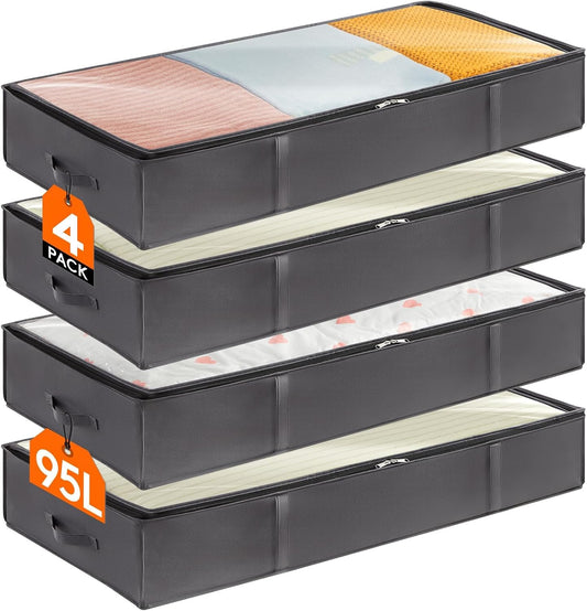 Lifewit 95L 4 Pack Under Bed Storage Containers, Large Capacity Blanket Storage Bags with Reinforced Handle, Organization and Storage for Comforters, Sheets, Clothes, Bedroom, College Dorm, Grey