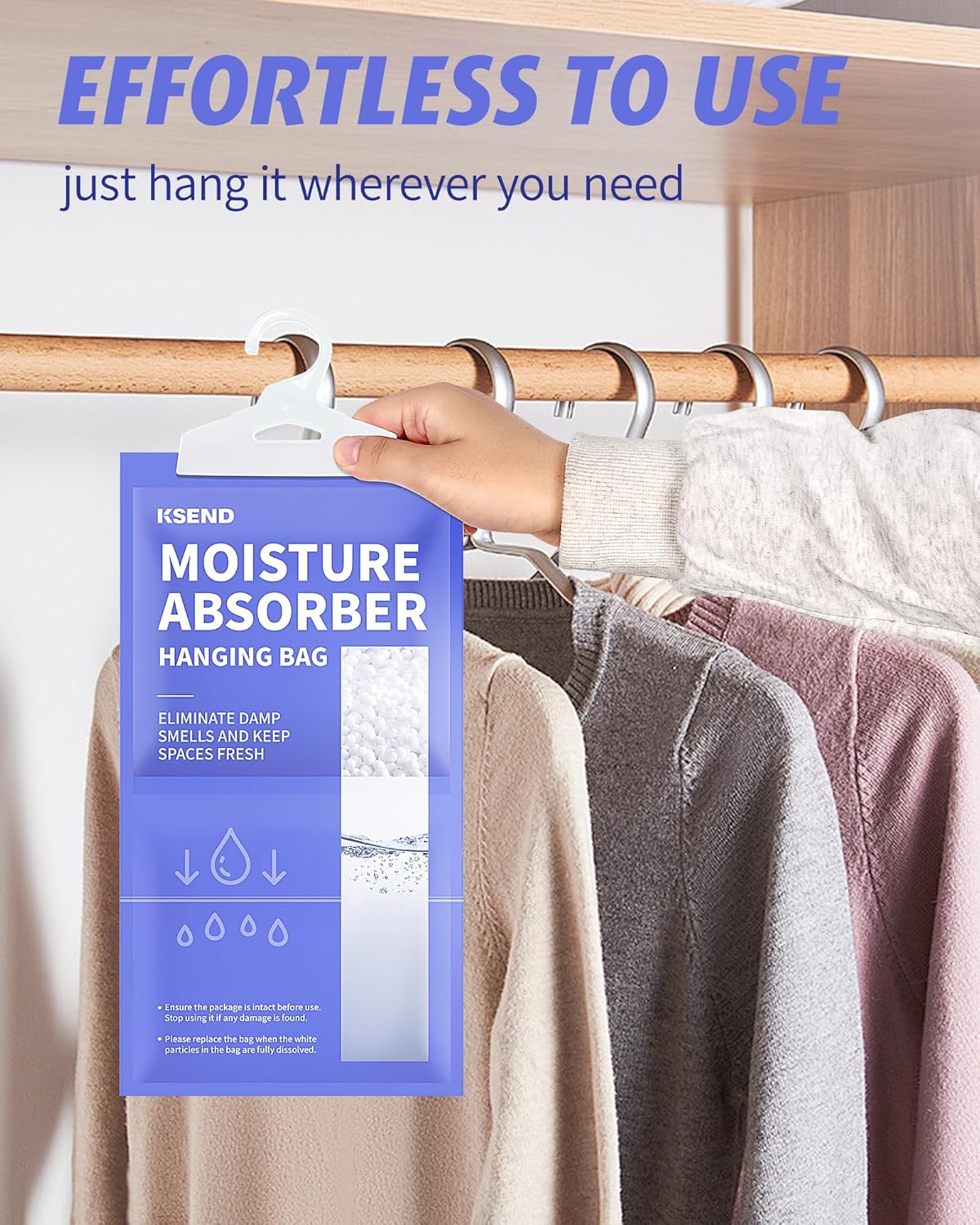 Ksend Moisture Absorbers 10 Pack, 9.8 Oz Compact Dehumidifier Bags & Packs, Moisture Hanging Bag, Humidity Absorbers, Closet Deodorizer Against Musty Odors, 11.8'' x 6.3''