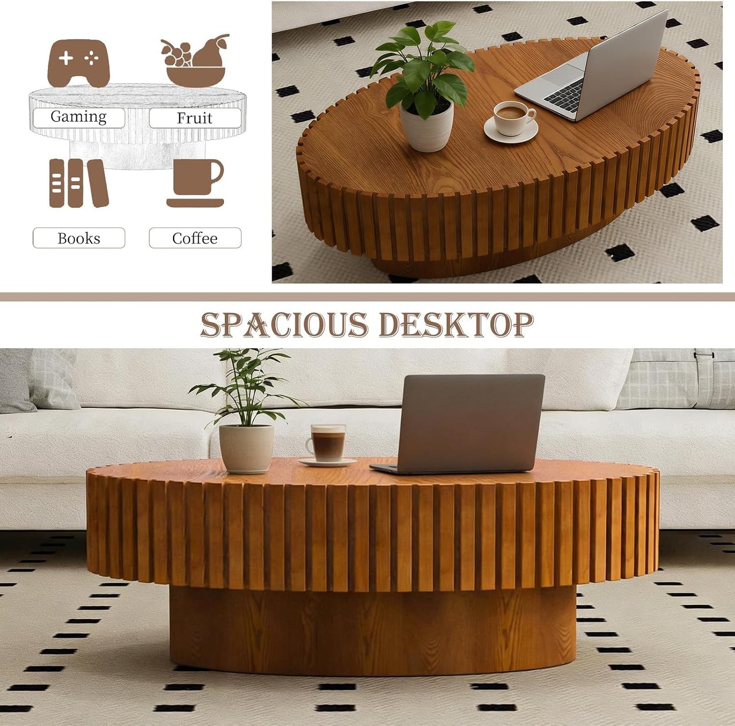 Oval Fluted Coffee Tables 43.3" (Oval Wood) | Modern Wood Accent Table, Contemporary Drum Center Table, Sturdy Pedestal, Mid Century Style, For Living Room Apartment