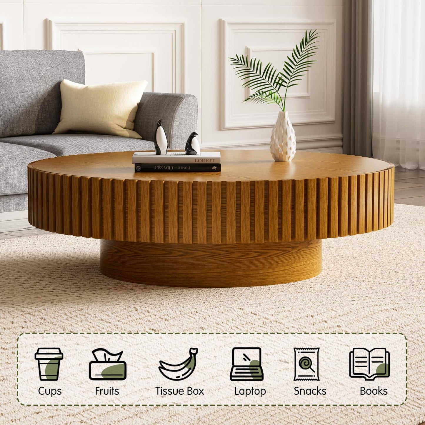Light Brown Oval Fluted Coffee Table for Living Room (43"Oval Natural) | Handcrafted Relief Wood, Drum Coffee Table for Office Outdoor