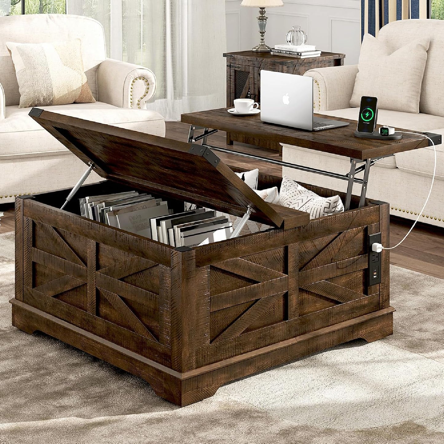 Hlivelood 36" Farmhouse Movable Lift Top Coffee Table with Storage and Power Outlets, Square Wood Living Room Tables with Wheels&Large Hidden Space, Lift Wooden Barn Door Center Table, Brown