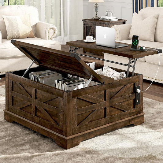Hlivelood 36" Farmhouse Movable Lift Top Coffee Table with Storage and Power Outlets, Square Wood Living Room Tables with Wheels&Large Hidden Space, Lift Wooden Barn Door Center Table, Brown