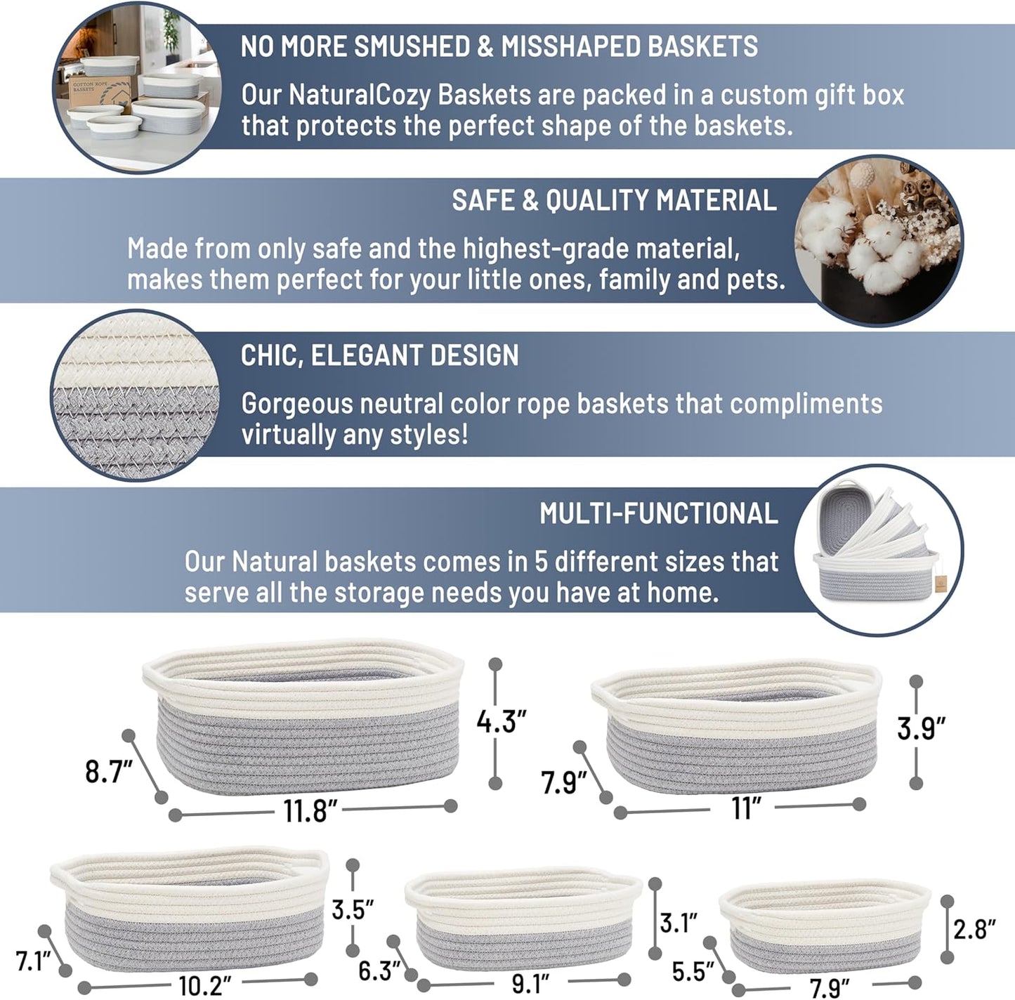 NaturalCozy 5-Piece Rectangle Storage Basket Set- Natural Cotton Rope Woven Baskets for Organizing! Small Basket for Montessori, Baby Nursery, Dog Toy Baskets, Cat Toy Box, Bathroom Organization Bin