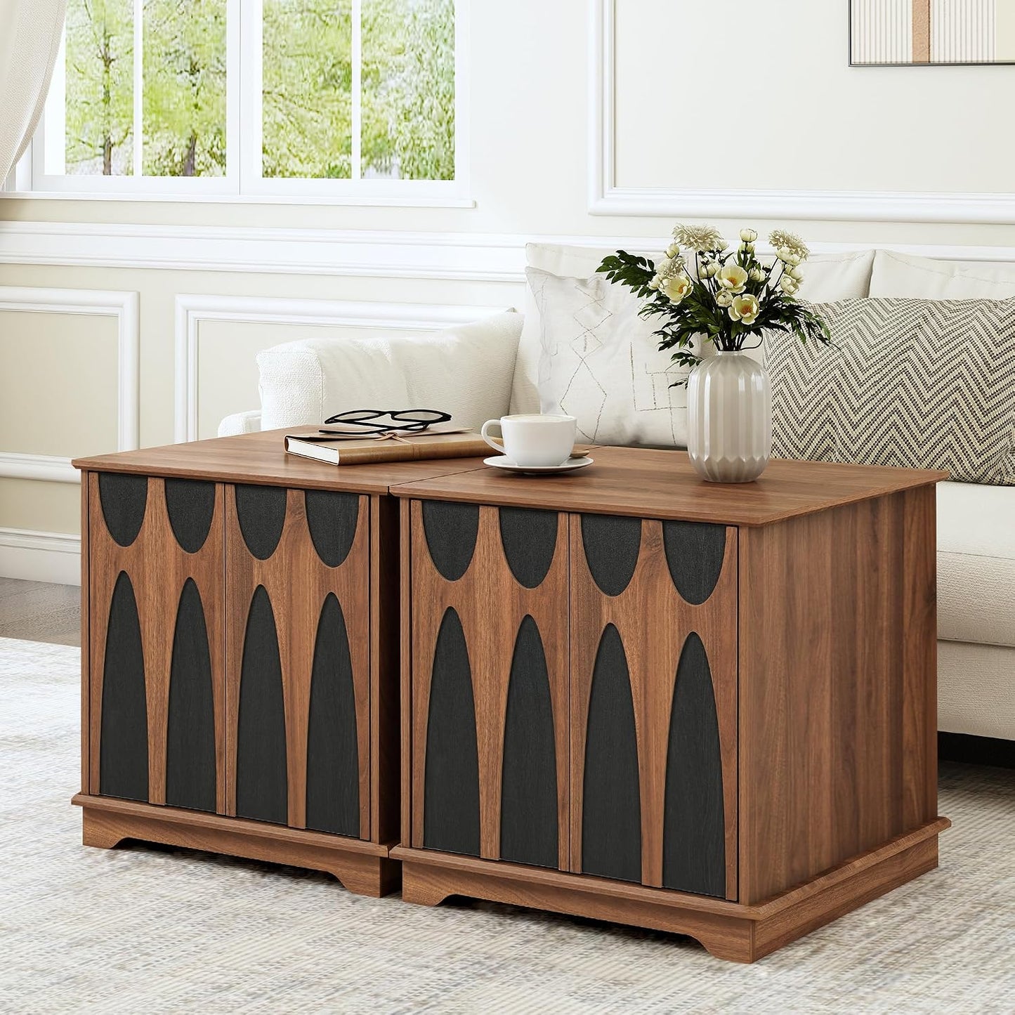 Bifins 24inch Large Square End Table Set of 2 with Storage | Mid Century Modern Sofa Side Table with Shelf and Doors for Living Room Office(Walnut and Black, 2 pcs)