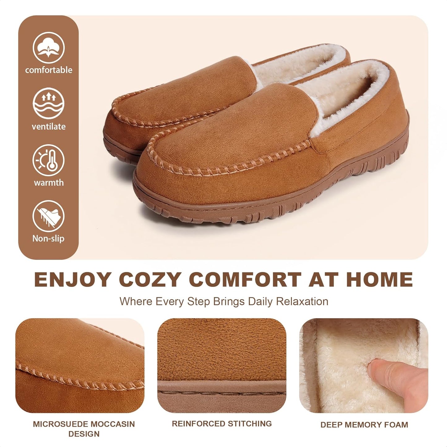 shoeslocker Men's Slippers Indoor Outdoor Warm Soft Plush Memory Foam House Slippers for Men Comfortable Bedroom Moccasin Slipper Non-Slip