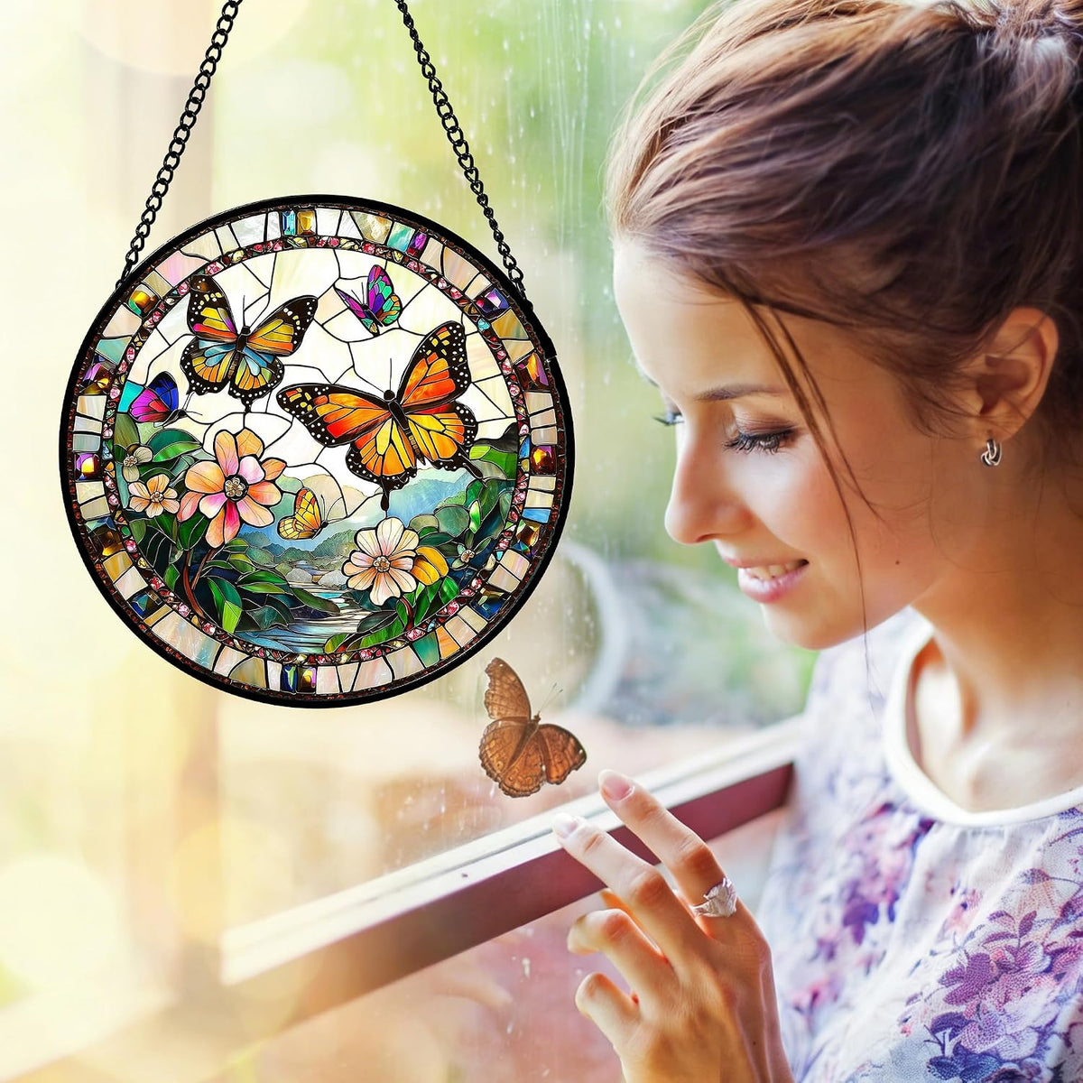 Butterflies and Flowers Stained Glass Window Hanging Suncatcher Gifts 12"