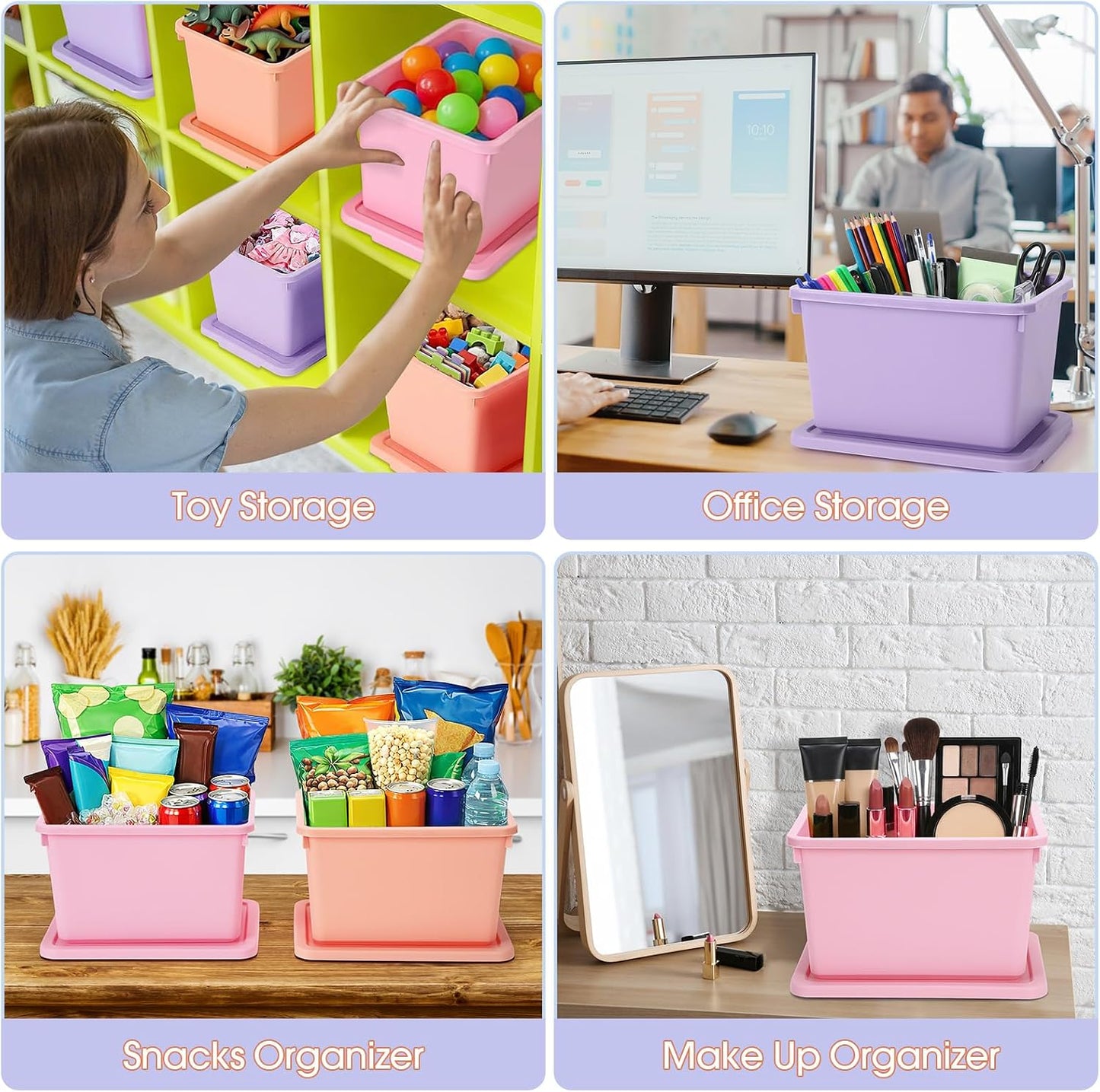 Potchen 6 Pack Small Stackable Storage Bins with Lids Plastic Storage Boxes for Classroom 9.8" ×7.3" ×5.7" Decorative Organizer Bins for Craft Art Office Teacher Supplies (Pink,Purple,Orange)