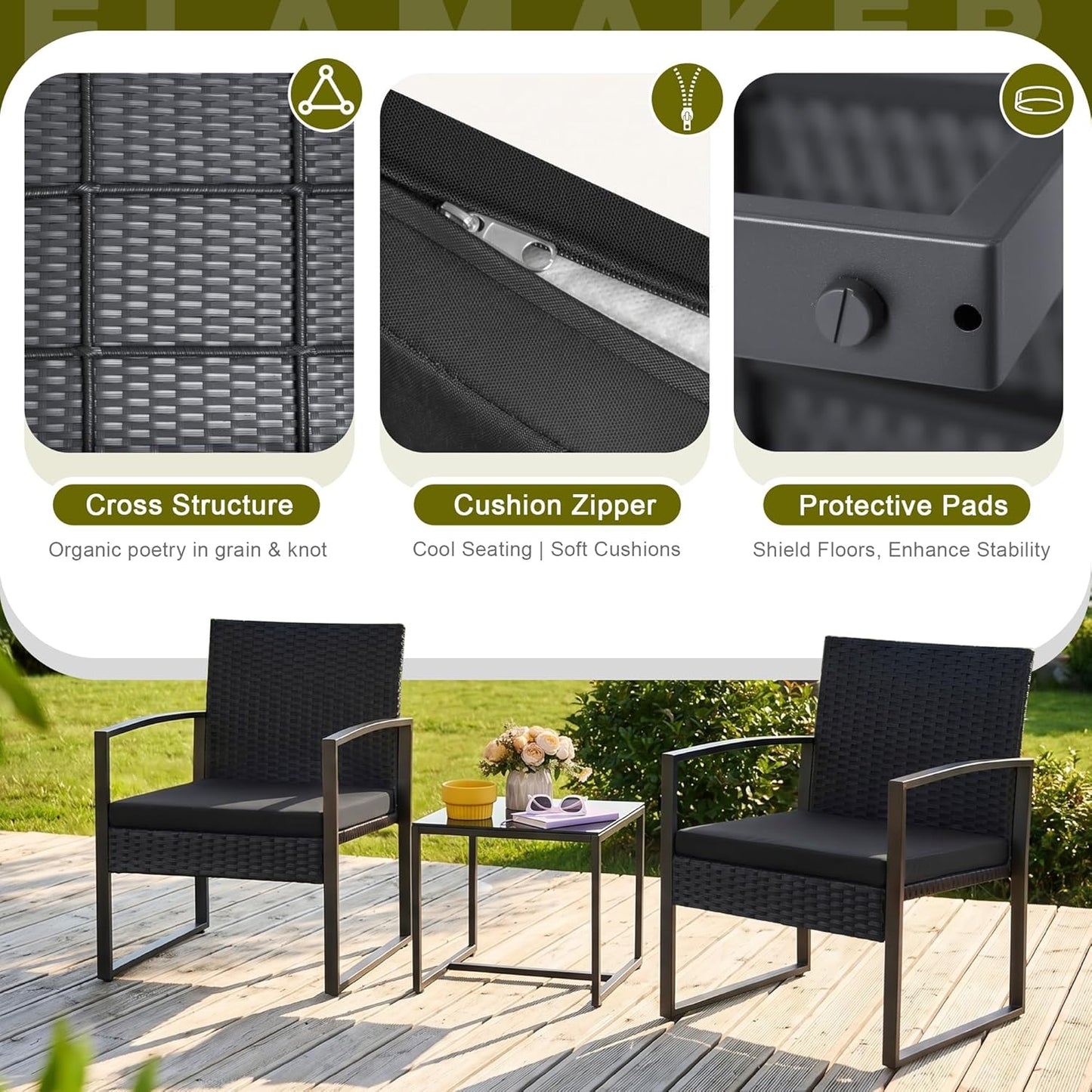Flamaker 3 Pieces Outdoor Patio Wicker Furniture Set, Modern Rattan Chair Conversation Sets with Coffee Table for Yard and Bistro (Black)