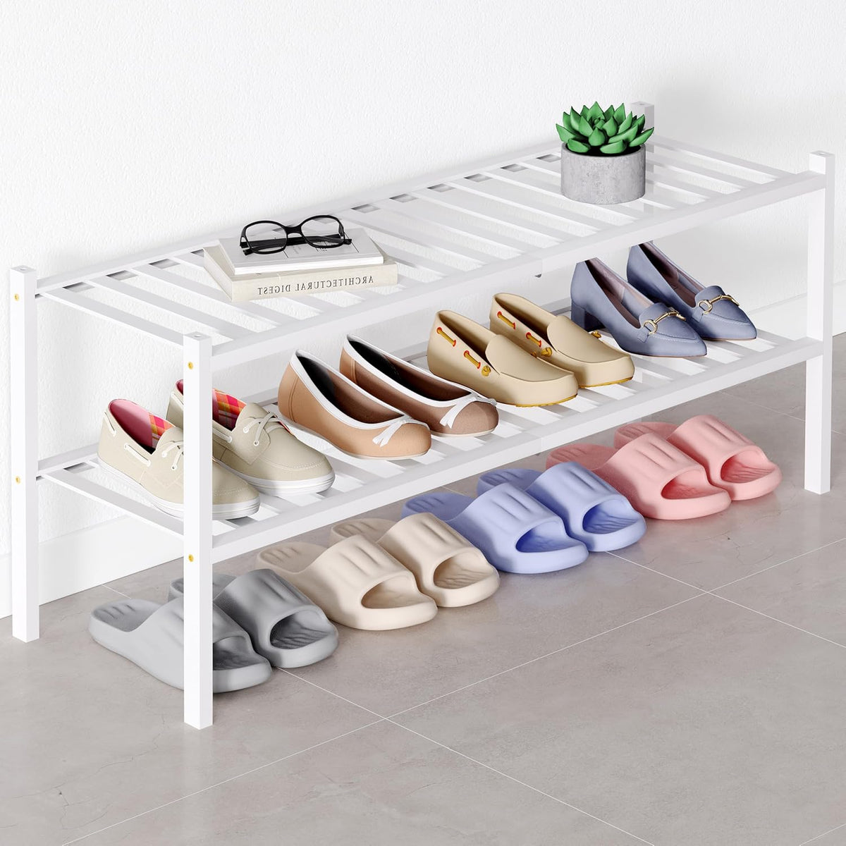 Smiry Bamboo Shoe Rack for Closet, 2 Tier - 33.86" Wide, White